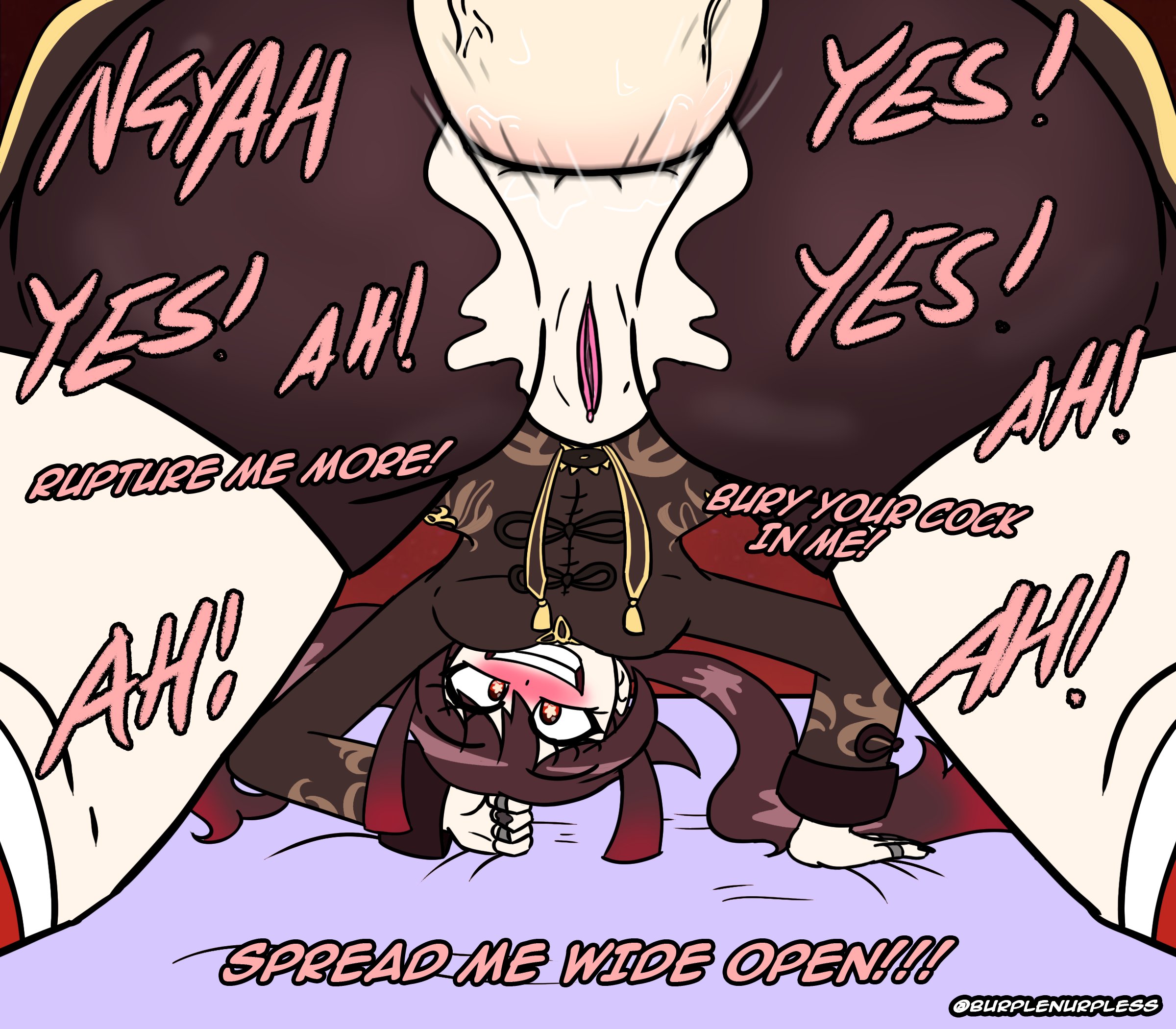 1boy, 1girls, all fours, anal, anal sex, ass, bike shorts, blush, burplenurpless, dialogue, female, genshin impact, hu tao (genshin impact), long hair, looking back, male, ripped clothing, starry eyes, text, twintails, upside-down, viewed from below