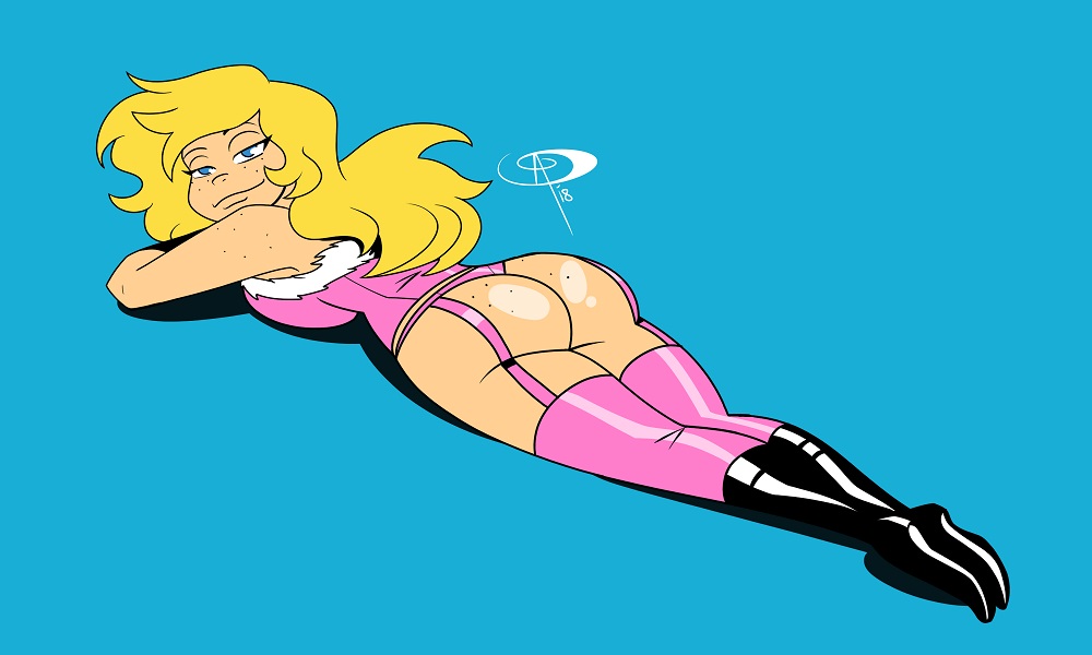 1girls ass black_boots blonde_hair blue_background blue_eyes celia_horn clothed_female frostbiteboi laying_on_stomach looking_at_viewer perpetual_son pin-up pink_corset pink_garter_straps pink_panties pink_stockings pinup shiny_skin slim2k6 smiling_at_viewer solo solo_female solo_focus stewsspicyblog tan-skinned_female