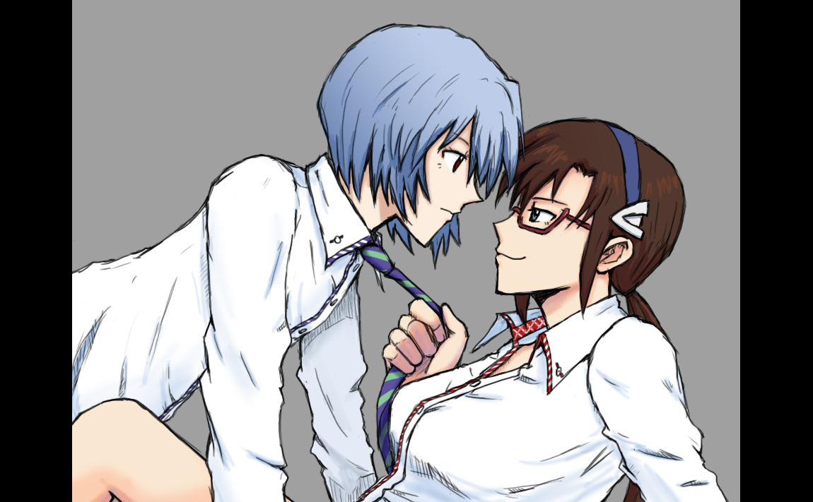 2girls, breasts, brown hair, buttons, clothing, dress shirt, female, female only, glasses, human, imminent sex, light skin, light-skinned female, long hair, mari illustrious makinami, multiple females, multiple girls, neon genesis evangelion, pulling clothing, rebuild of evangelion, rei ayanami, tie, yuri