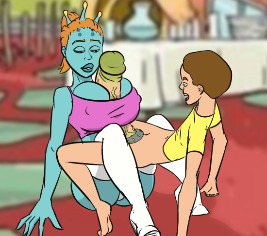 1boy 1girls 2d alien_girl boobjob brown_hair diklonius female high_boots huge_ass huge_breasts huge_cock male male/female morty_smith petting red_hair rick_and_morty summer_smith summer_smith_(unity) technology unity_(rick_and_morty) voluptuous