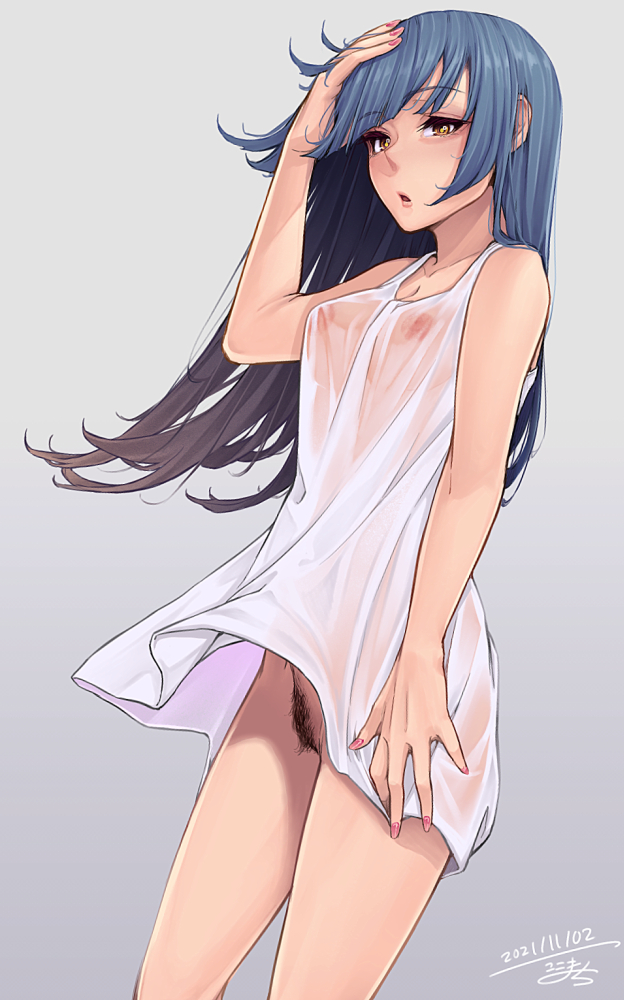 1girls, areolae, artist name, bangs, bare shoulders, blue hair, blunt bangs, blush, breasts, brown eyes, brown hair, dated, dress, eyebrows visible through hair, female, female focus, female pubic hair, from side, gradient, gradient background, gradient hair, grey background, hand on own head, hand up, kokomachi, light blush, long hair, looking at viewer, medium breasts, multicolored hair, nail polish, nipples, no bra, no bra under clothes, no panties, open mouth, original, pink nails, pubic hair, see-through, shiny, shiny hair, short dress, sidelocks, signature, simple background, sleeveless, sleeveless dress, solo, standing, two-tone hair, white dress