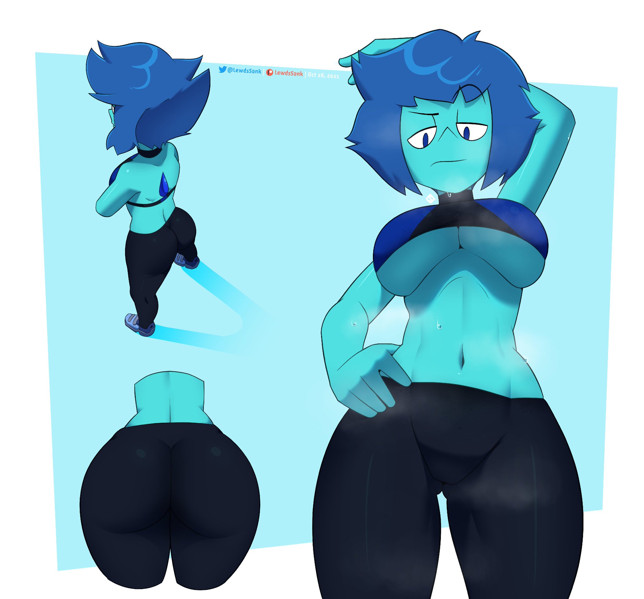 1girls, arm up, ass, ass crack, ass visible through thighs, big ass, blue eyes, blue hair, blue skin, bra, breasts, butt crack, cartoon network, crossed arms, female, female only, fit, fit female, frown, gem (species), hand on hip, lapis lazuli (steven universe), large breasts, lewdssonk, looking at viewer, looking down, multiple views, navel, one arm up, pants, raised eyebrow, short blue hair, short hair, slim, solo, solo female, sports bra, sportswear, steam, steven universe, sweat, sweatpants, thick thighs, tight clothing, underboob, visible breath, workout, yoga, yoga pants