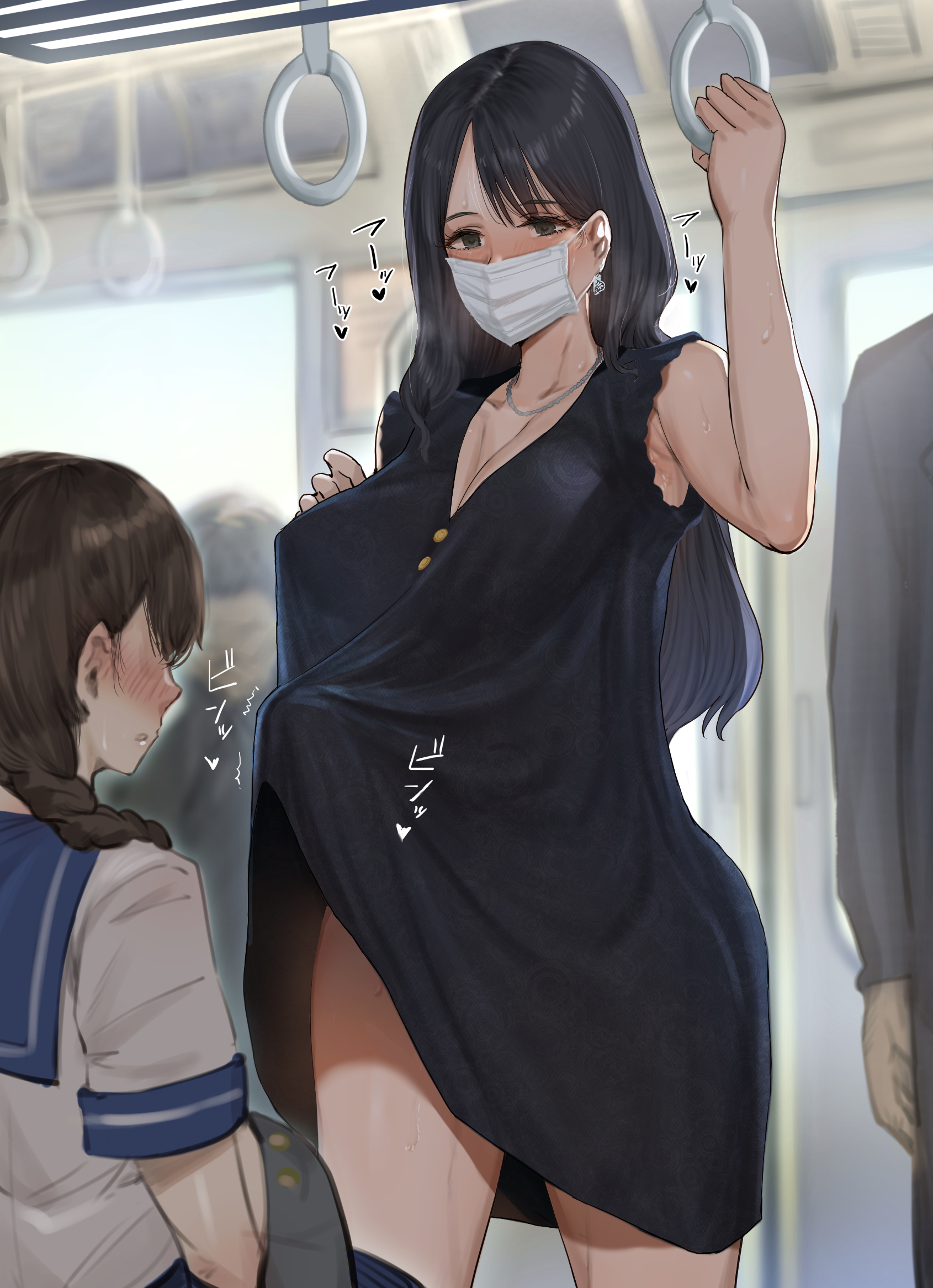 1futa, 1girls, age difference, big breasts, big penis, black eyes, black hair, blush, braid, braided ponytail, breasts, brown hair, bulge, bus, clothed, clothes, clothing, dickgirl, earrings, erection, erection under clothes, female, female pervert, fully clothed, futa focus, futa with female, futanari, glasses, ground vehicle, human, intersex, intersex/female, jewelry, large breasts, large penis, light skin, light-skinned futa, long hair, mask, mesisinja, motor vehicle, necklace, pale skin, penis, penis awe, pervert, public, public transportation, school uniform, solo focus, standing, sweat, sweating profusely, tented shirt, tenting, train, train interior, twitching penis, uniform
