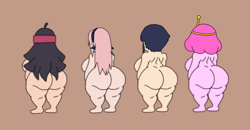 4girls, adventure time, aged up, ass, barefoot, boruto: naruto next generations, chubby, chubby female, completely nude, completely nude female, fat, fat ass, fat female, female, female only, from behind, full body, haruno sakura, human, hyuuga hinata, multiple females, multiple girls, naked, naked female, naruto, naruto (series), nude, nude female, overweight, overweight female, princess bubblegum, sakura haruno, shortstack, unknown artist, uzumaki himawari, young princess bubblegum