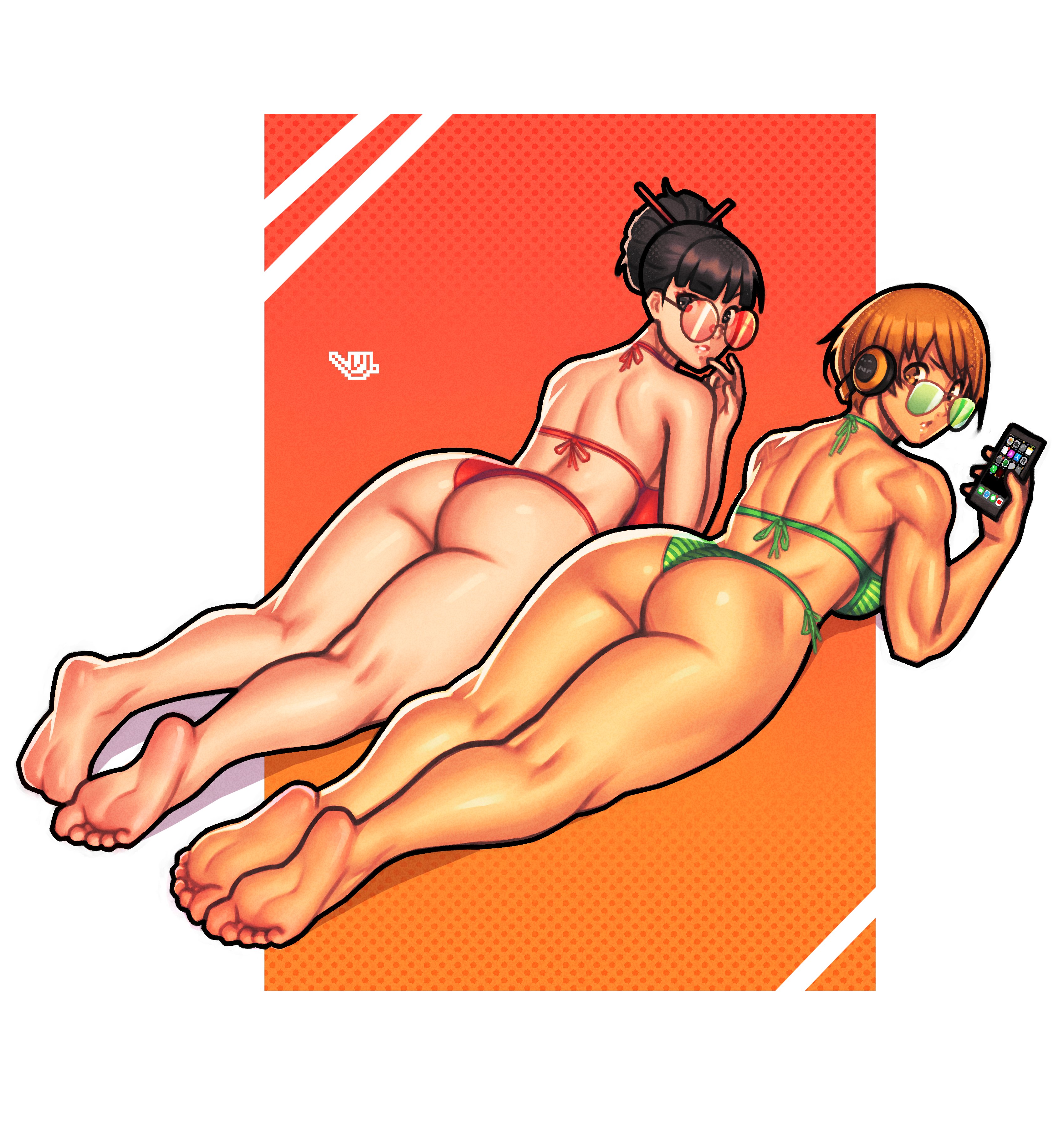2girls, absurd res, amagi yukiko, artist logo, ass, atlus, bikini, black hair, duo, duo focus, female, glasses, green-tinted eyewear, hi res, looking back, looking over eyewear, looking over glasses, looking over sunglasses, muscles, muscular, muscular female, on stomach, persona, persona 4, red-tinted eyewear, satonaka chie, short hair, sunbathing, sunglasses, tinted eyewear, vj99