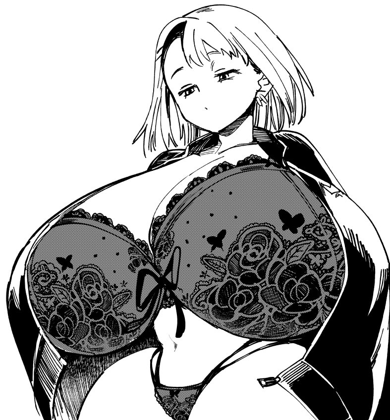 achumuchi breasts breasts_bigger_than_head ear_piercing female female_focus female_only gigantic_breasts hips hourglass_figure huge_breasts jacket lingerie looking_down massive_breasts monochrome neutral_expression short_hair solo solo_female thick_thighs thighs tired_eyes top_heavy wide_hips