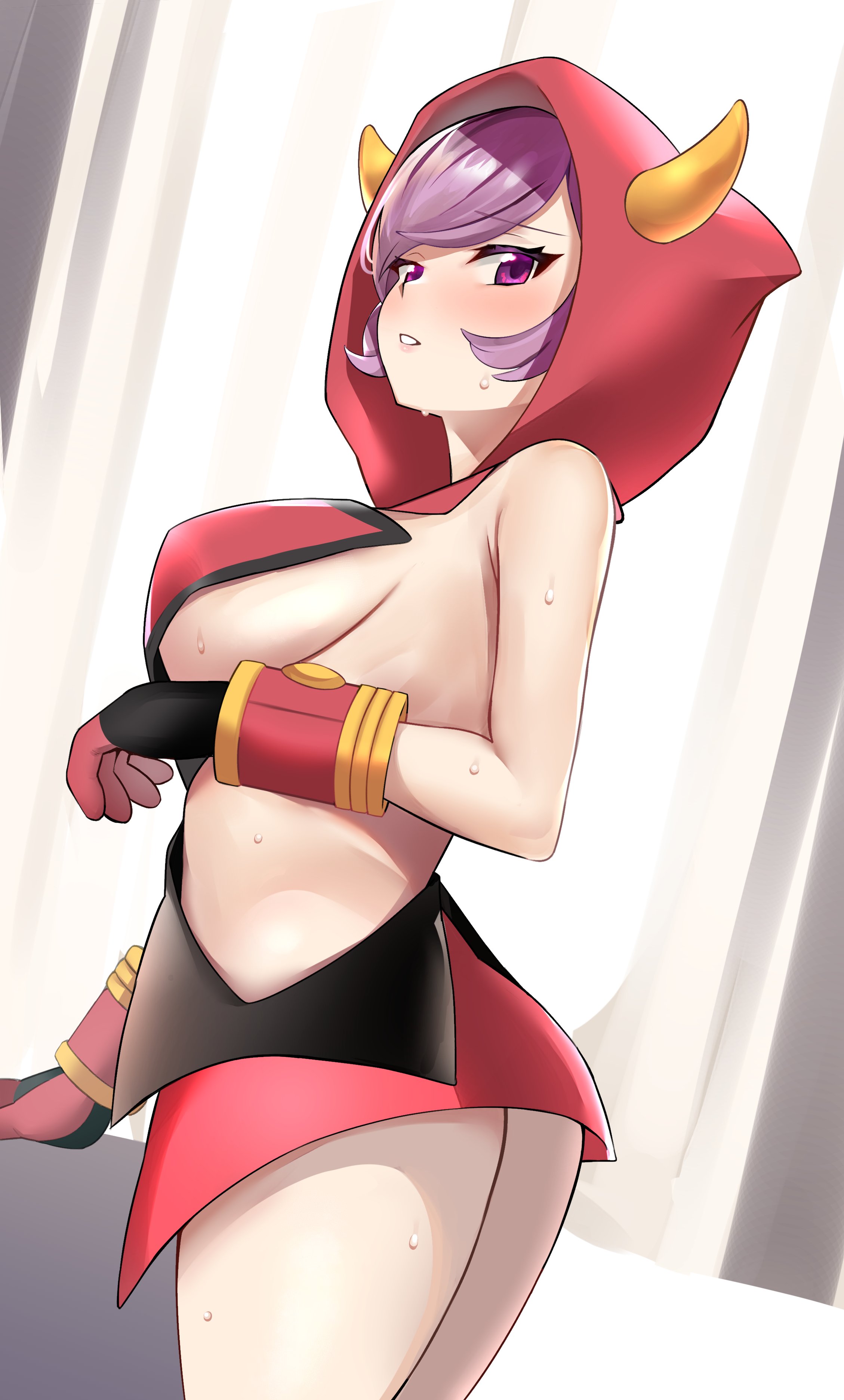 1girls, absurdres, bangs, black gloves, blush, breasts, commentary request, courtney (pokemon), creatures (company), enishi96, eyelashes, female, game freak, gloves, hi res, highres, looking back, nintendo, parted lips, pokemon, pokemon (game), pokemon oras, purple eyes, purple hair, short hair, sideboob, solo, sweat, team magma