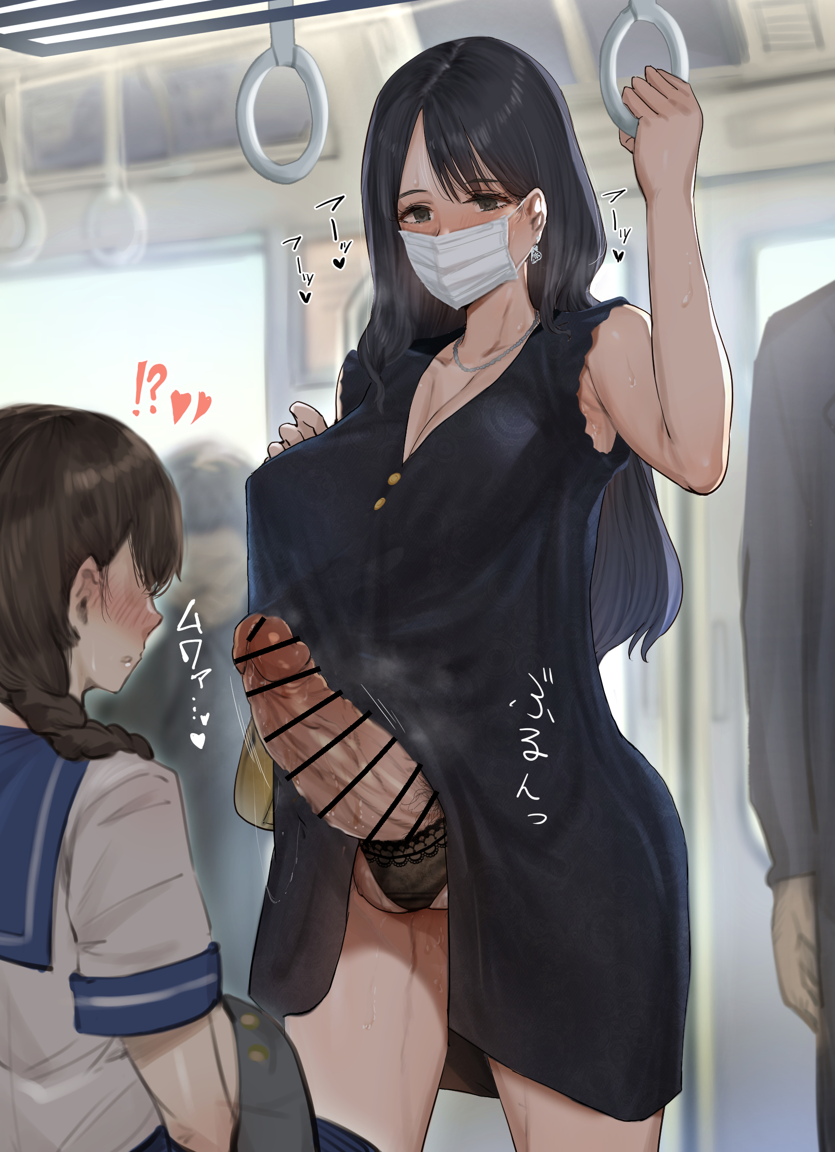 1futa, 1girls, armpits, bar censor, big breasts, big penis, black hair, blush, breasts, brown hair, casual erection, casual exposure, censored, clothed, clothing, erection, female, fully clothed, futa focus, futanari, glasses, human, intersex, light skin, light-skinned futa, long hair, mask, mesisinja, pale skin, panties, penis, penis awe, precum, precum through clothing, public, public exposure, public transportation, school uniform, solo focus, standing