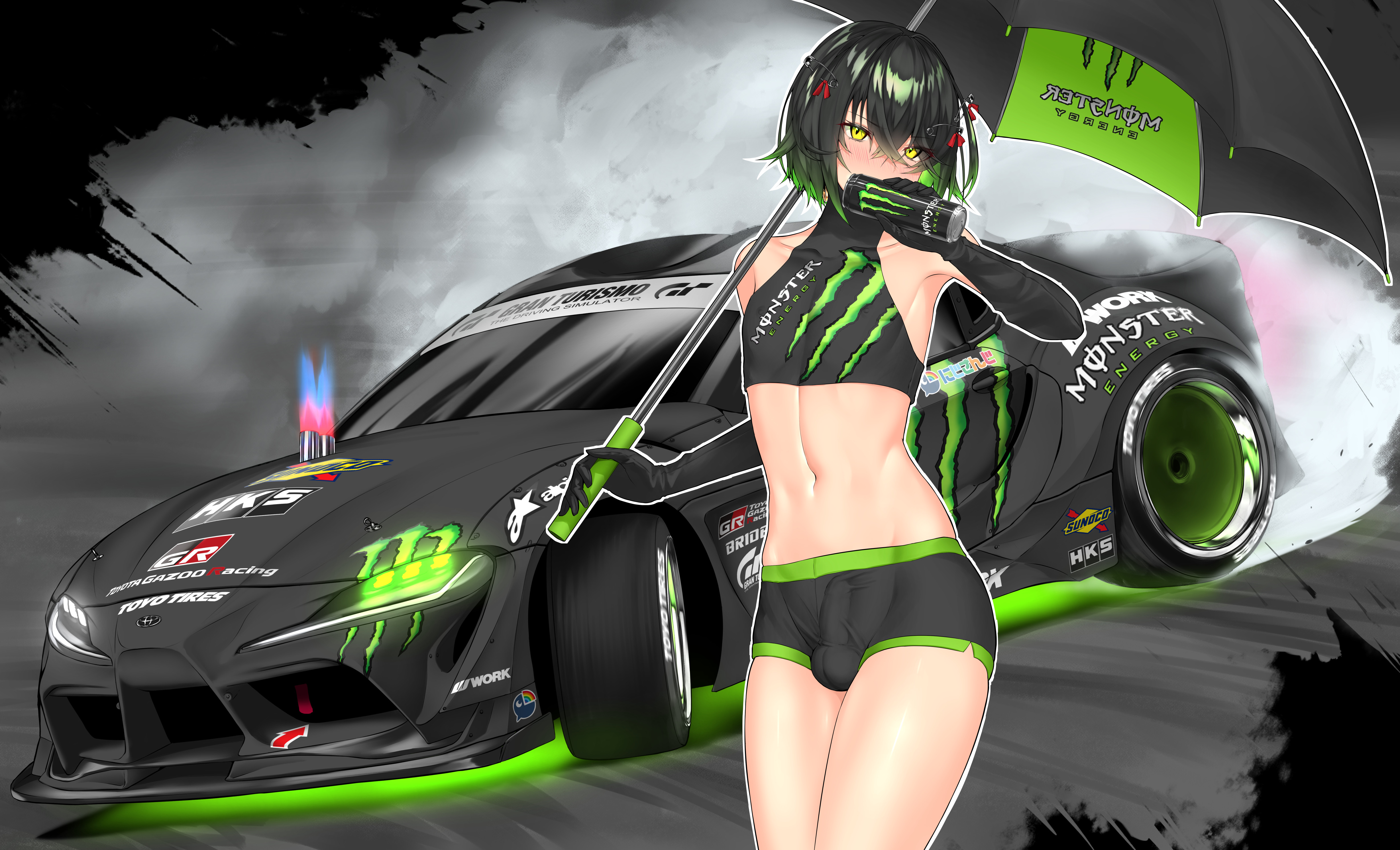femboy, girly, karasu (jjwh2832), male, male only, mashiro (nijisanji), mashiro meme, monster energy, nijisanji, penis, penis under clothes, race queen, solo, tight clothing, virtual youtuber