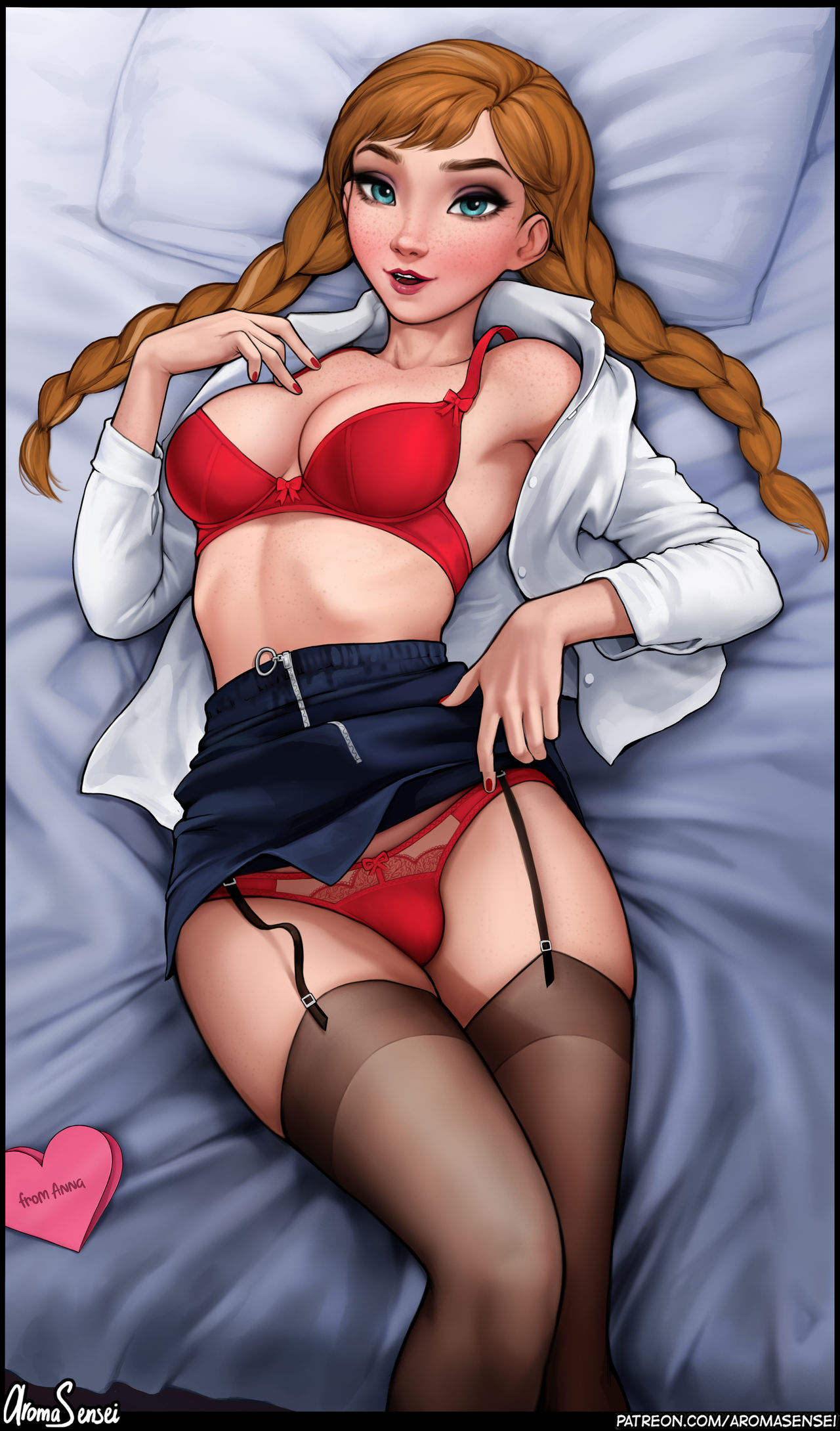 1futa, anna (frozen), aroma sensei, bra, breasts, disney, frozen (film), futa only, futanari, human, human only, intersex, medium breasts, no visible genitalia, panties, panty bulge, penis, penis bulge, penis in panties, red bra, red panties, solo futa