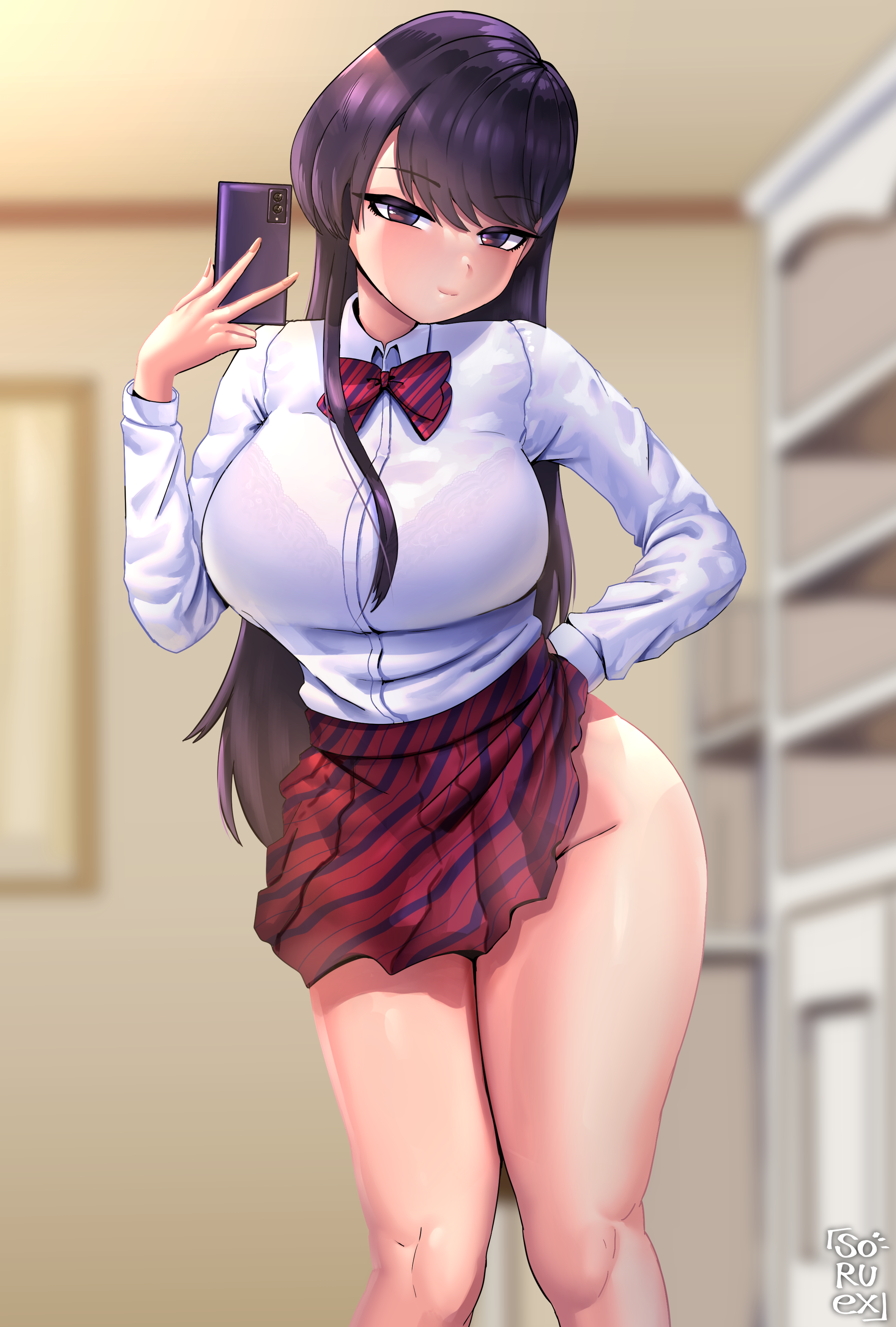 1girls, big breasts, black bra, breasts, eye contact, female, komi shouko, komi-san wa komyushou desu, large breasts, long hair, looking at viewer, pov, pov eye contact, school uniform, selfie, skirt, solo, soruex, standing, thick thighs, thighs, wide hips