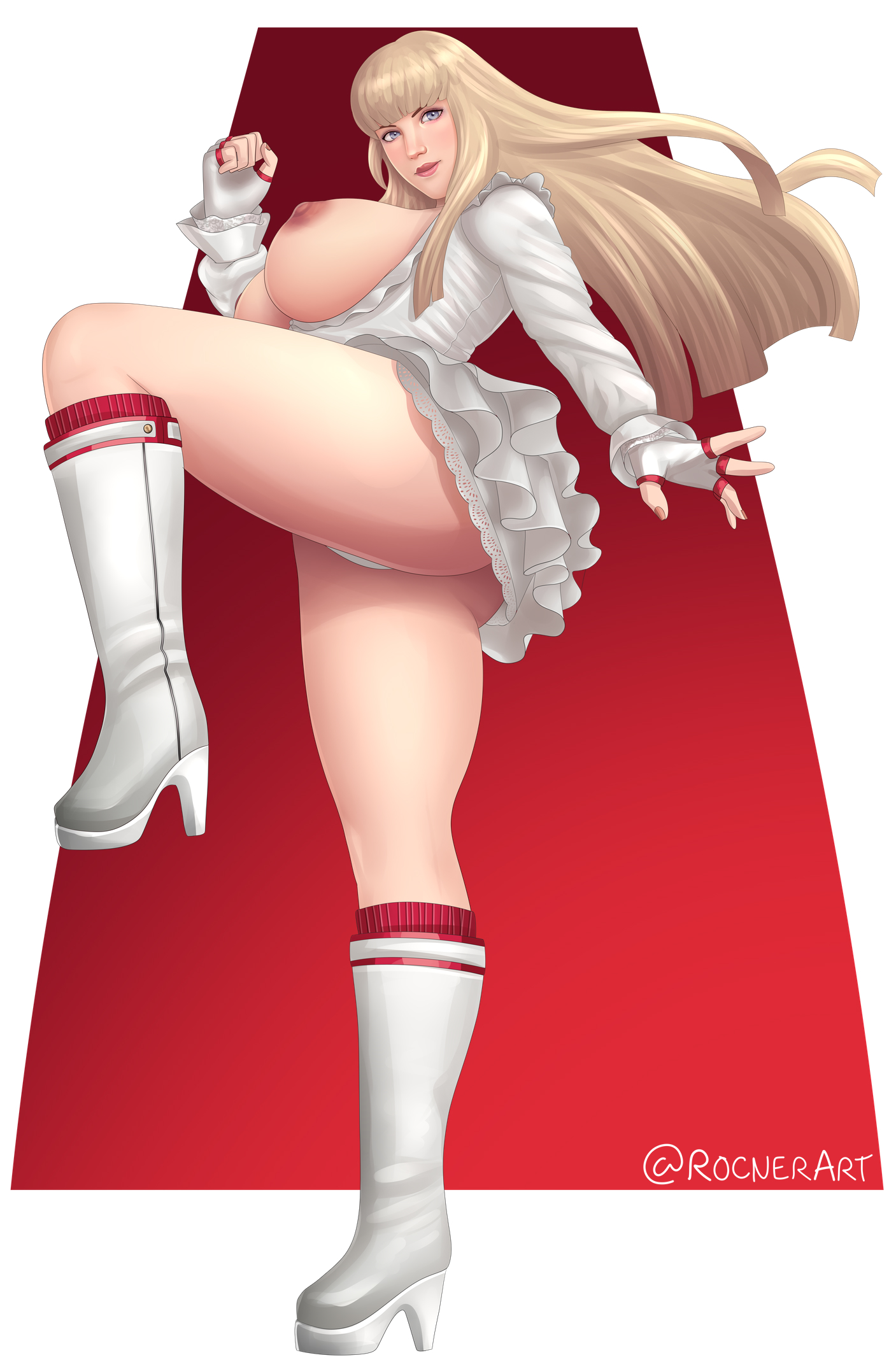 1girls, areolae, big breasts, blonde hair, blue eyes, breasts, breasts out, emilie de rochefort, exposed breasts, female, female only, high heel boots, large breasts, leg up, light skin, light-skinned female, long hair, looking at viewer, nipples, one leg up, rocner, solo, tekken