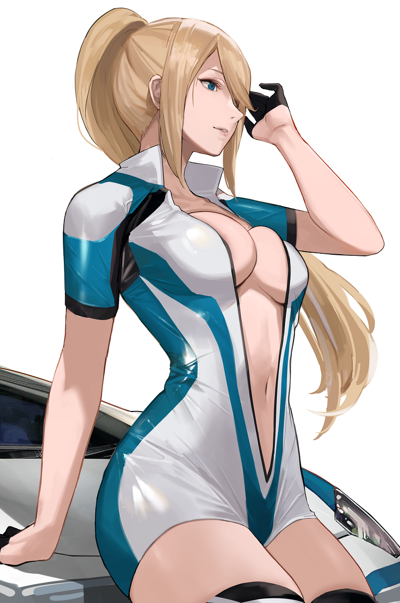 1girls 2021 arm_up belly_button blonde_hair blue_eyes bodysuit breasts car facing_forward female female_only hartman_hips hips j@ck large_breasts long_hair long_ponytail metroid nintendo ponytail race_queen samus_aran simple_background sitting slim_waist thick_thighs thigh_boots thighs tight_clothing unzipped_bodysuit very_long_hair white_background white_clothing wide_hips zettai_ryouiki