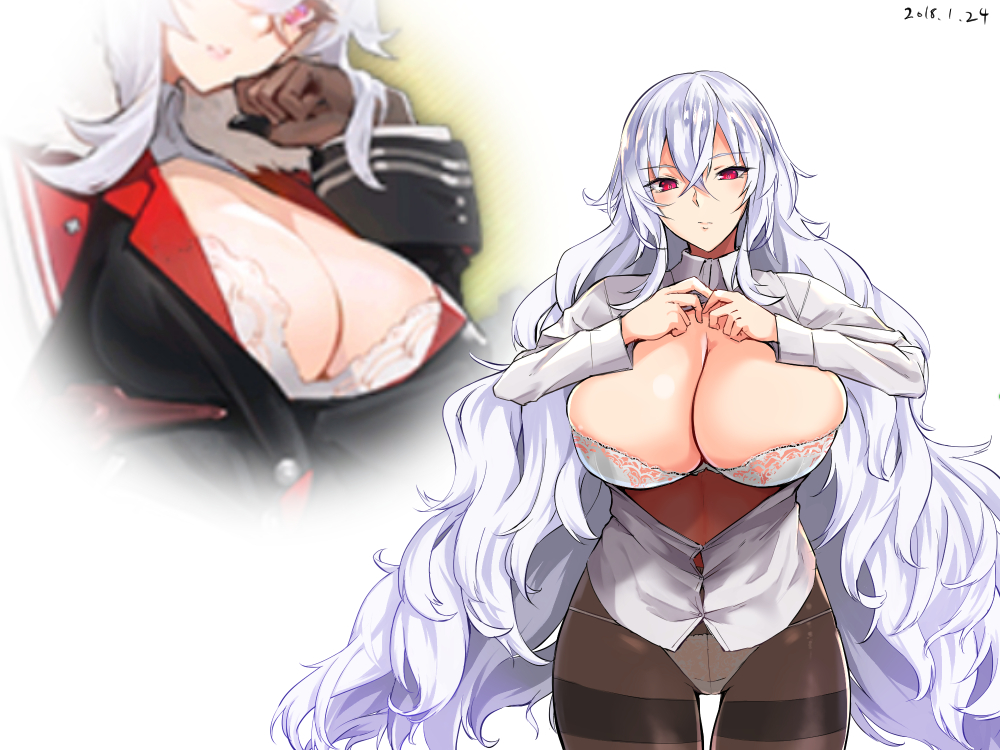 azur_lane bangs black_legwear bra breasts buttons center_opening cleavage closed_mouth collared_shirt cowboy_shot crossed_bangs dated dress_shirt eyebrows eyebrows_visible_through_hair eyelashes facing_viewer female graf_zeppelin_(azur_lane) hair_between_eyes kishiyo kurokawa_otogi lace large_breasts legs_apart light_purple_hair long_hair long_sleeves lowleg lowleg_panties midriff panties panties_under_pantyhose pantyhose pink_eyes shirt simple_background skindentation standing thighband_pantyhose tsurime underwear very_long_hair wavy_hair white_background white_bra white_panties white_shirt