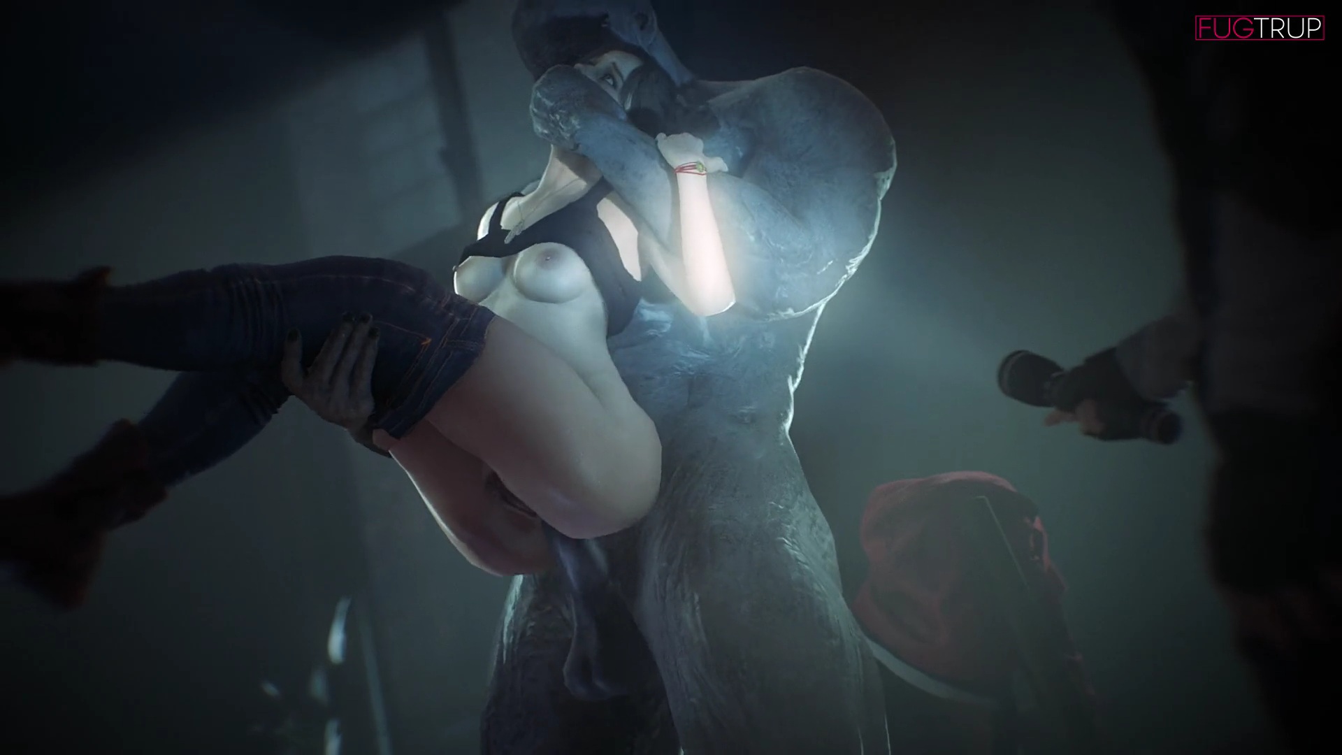 1boy, 1girls, 1monster, 3d, anal, anal sex, boots, breasts, breasts out, capcom, claire redfield, claire redfield (jordan mcewen), dubious consent, female, flashlight, fugtrup, hand gagged, hand on mouth, hand over another's mouth, handgag, huge cock, jacket removed, lantern, lifting person, male, monster, mr x, pants down, penis, pubic hair, questionable consent, resident evil, resident evil 2, resident evil 2 remake, rolling eyes, rough anal, rough sex, scary face, skirt lift, tyrant, voyeur, watching