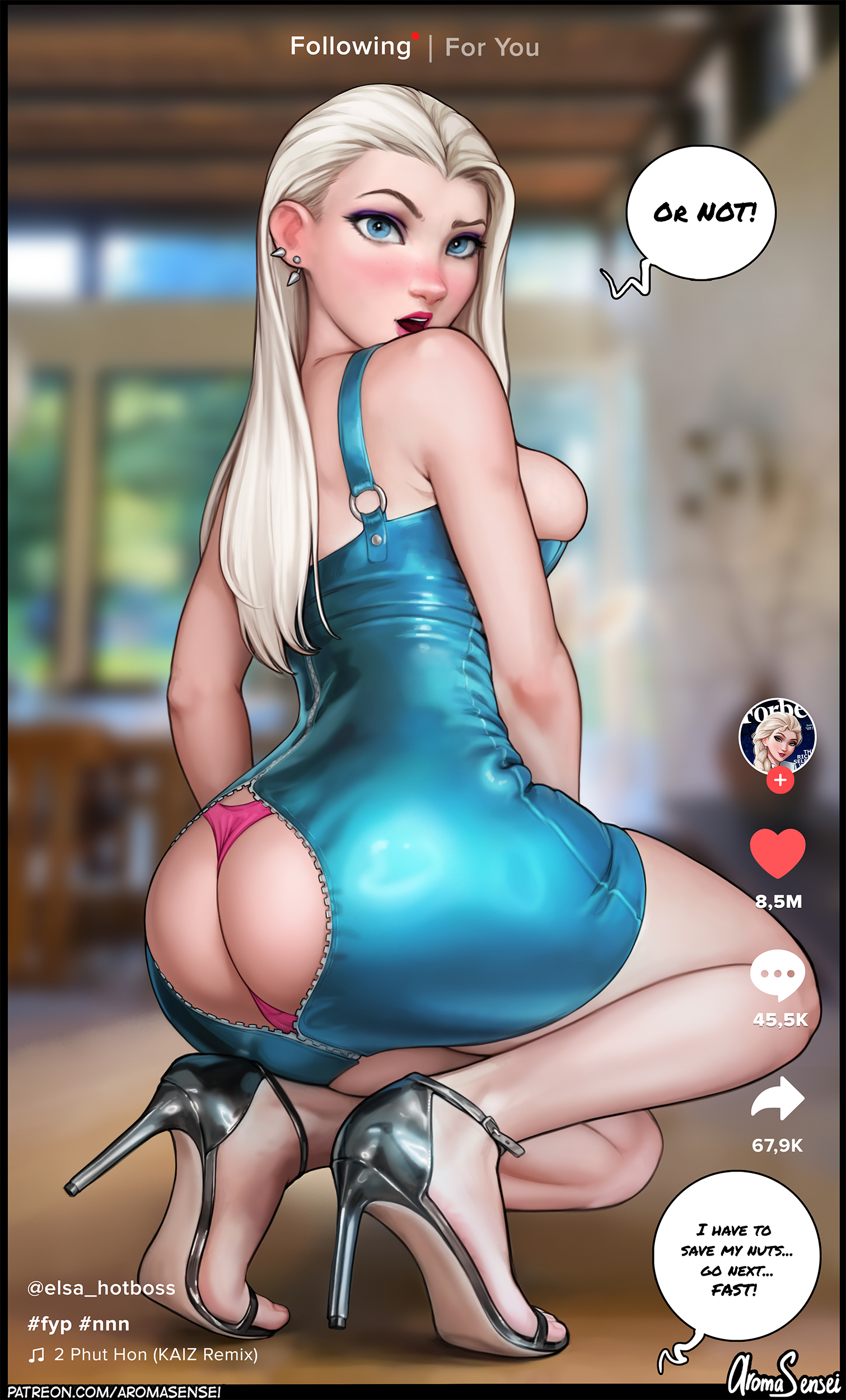 1girls, aroma sensei, ass, big ass, big breasts, blonde hair, blue eyes, breasts, disney, dress, elsa (frozen), female, female only, frozen (film), high heels, large ass, large breasts, no nut november, open toe shoes, panties, recording, revealing underwear, sideboob, solo, squatting, text, thick thighs, wide hips