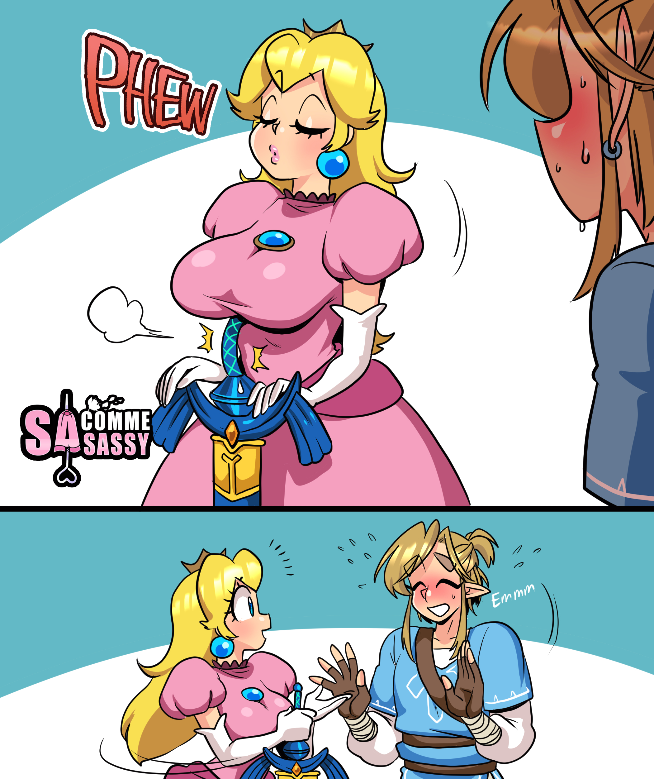 1boy, 1girls, 2koma, alternate breast size, blonde hair, breasts, breath of the wild, comic, crossover, dress, female, link, link (breath of the wild), long hair, male, mario (series), pink dress, princess peach, sasatseng, simple background, the legend of zelda, tight clothing