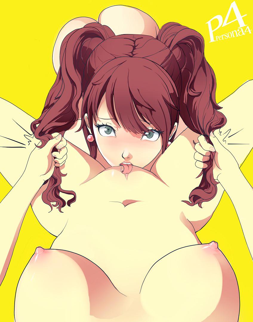 2girls, artist request, atlus, big breasts, breasts, brown hair, brown-haired female, color, cunnilingus, female, female focus, female only, female pov, female/female, femdom, femsub, green eyes, hair, hair grab, hair pull, handlebars, human, kujikawa rise, light skin, light-skinned female, long hair, long-haired female, megami tensei, multiple females, multiple girls, no pubic hair, nude, nude female, oral, persona, persona 4, pov, pussy, sega, simple background, tongue, tongue out, twintails, yellow background, yuri