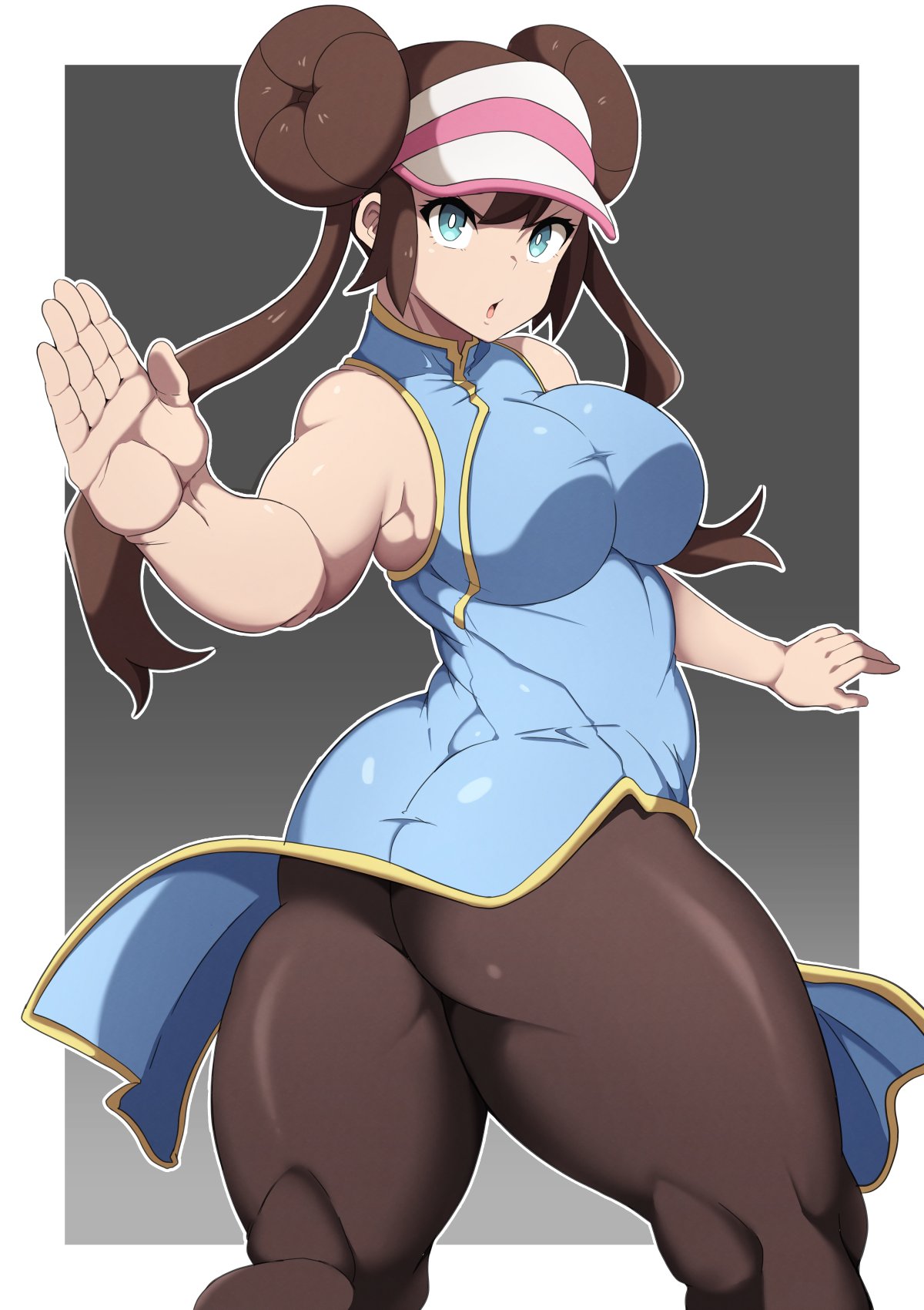 1girls, asian clothing, ass, big ass, big breasts, blue eyes, breasts, brown hair, cap, cheongsam, chinese clothes, chun-li (cosplay), double bun, eye contact, female, fully clothed, looking at viewer, muscular, muscular legs, nintendo, oryuto, pokemon, pokemon bw2, qipao, rosa (pokemon), street fighter, thick thighs, thighs, tight clothing, tights, twintails, voluptuous, white female