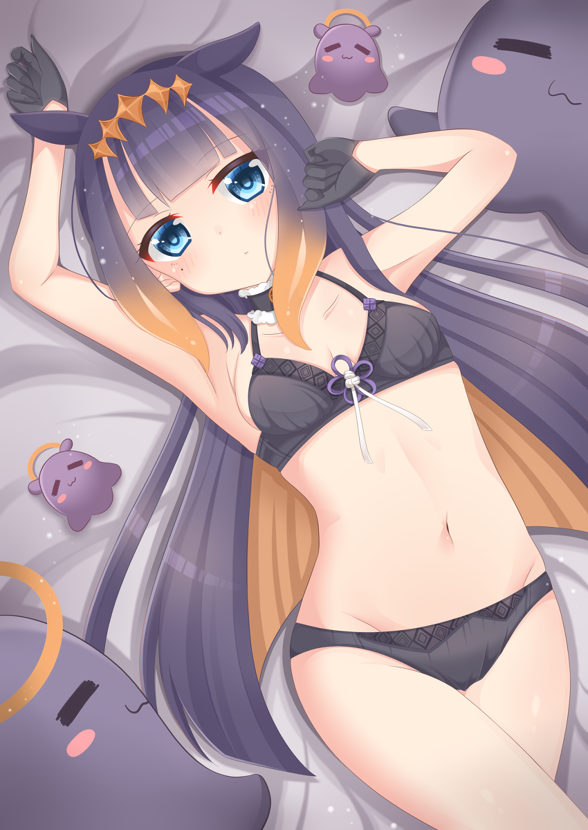 1girls, animal ears, armpits, arms up, bed, belly, belly button, black bra, black panties, blue eyes, blush, blushing at viewer, bra, breasts, choker, collarbone, diadem, eyebrows visible through hair, fan mascot (vtuber), female, female focus, female only, flat chest, flat chested, gloves, highres, hololive, hololive english, hololive myth, light skin, light-skinned female, long hair, looking at viewer, lying, lying on back, lying on bed, mole, mole under eye, multicolored hair, ninomae ina'nis, orange hair, pale skin, pale-skinned female, panties, pointy ears, purple hair, rnqco, small breasts, tako (ninomae ina'nis), tiara, touching face, underwear, very high resolution, very long hair, virtual youtuber