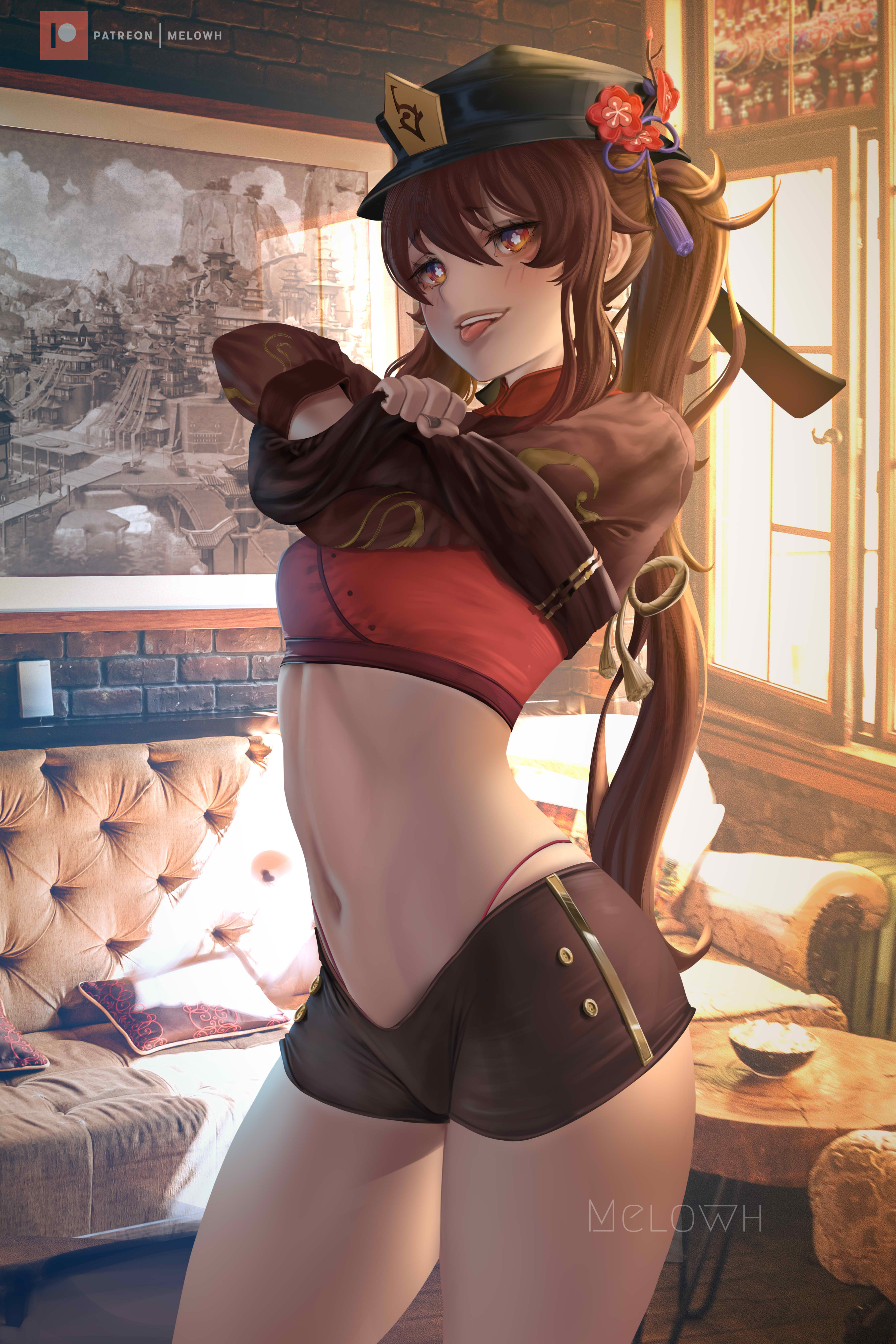 1girls, breasts, brown hair, clothing, female, female only, g-string, genshin impact, hat, hu tao (genshin impact), melowh, midriff, navel, red eyes, shirt lift, short shorts, shorts, small breasts, smile, thick thighs, tongue, tongue out, undressing