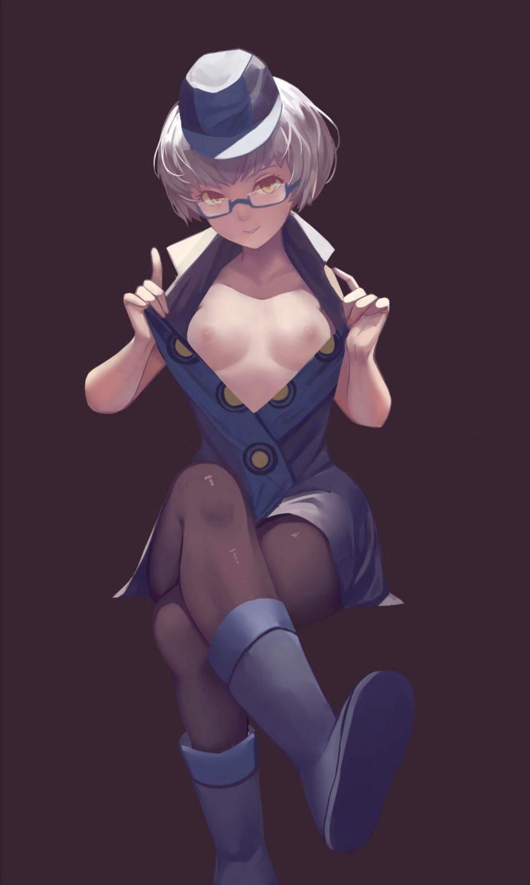 1girls, boots, breasts, cleavage, collared dress, crossed legs, dress, elizabeth (persona), female, female only, glasses, hat, nipples, persona, persona 3, sega, short hair, small breasts, solo, solo female