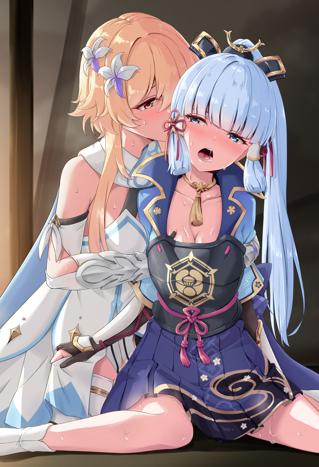 2girls, blush, breast grab, breastplate, breasts, cleavage, female, female only, genshin impact, grabbing from behind, groping, hi res, japanese clothes, kamisato ayaka, lumine (genshin impact), princess, sweat, yuri
