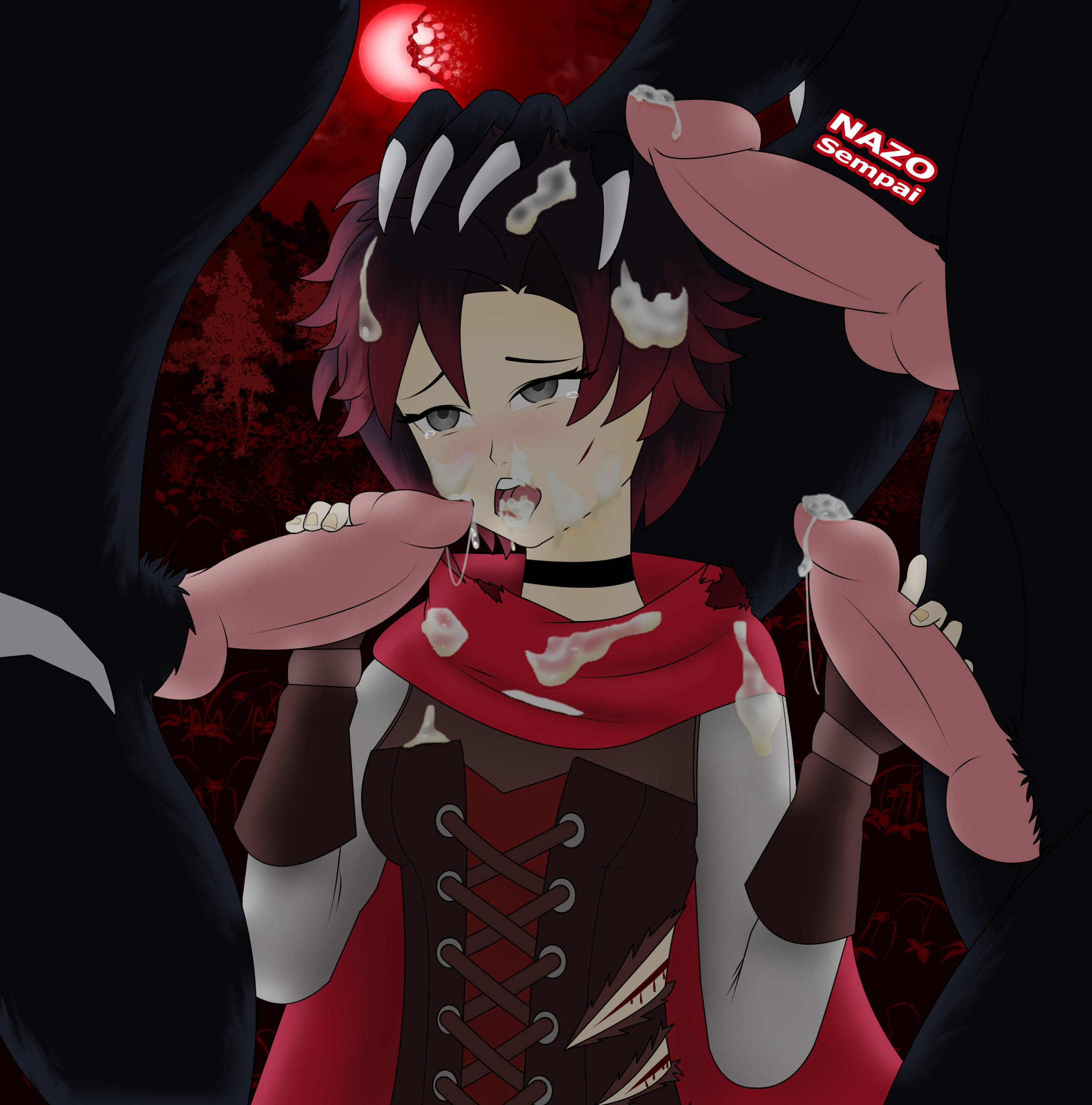 after rape, after sex, black hair, breasts, bukkake, cum, cum drip, cum on breasts, cum on face, cum on hair, cum string, cumshot into mouth, defeated, female, grimm (rwby), handjob, interspecies, male, nazosempai, penis, rape, ruby rose, rwby, silver eyes, wolf