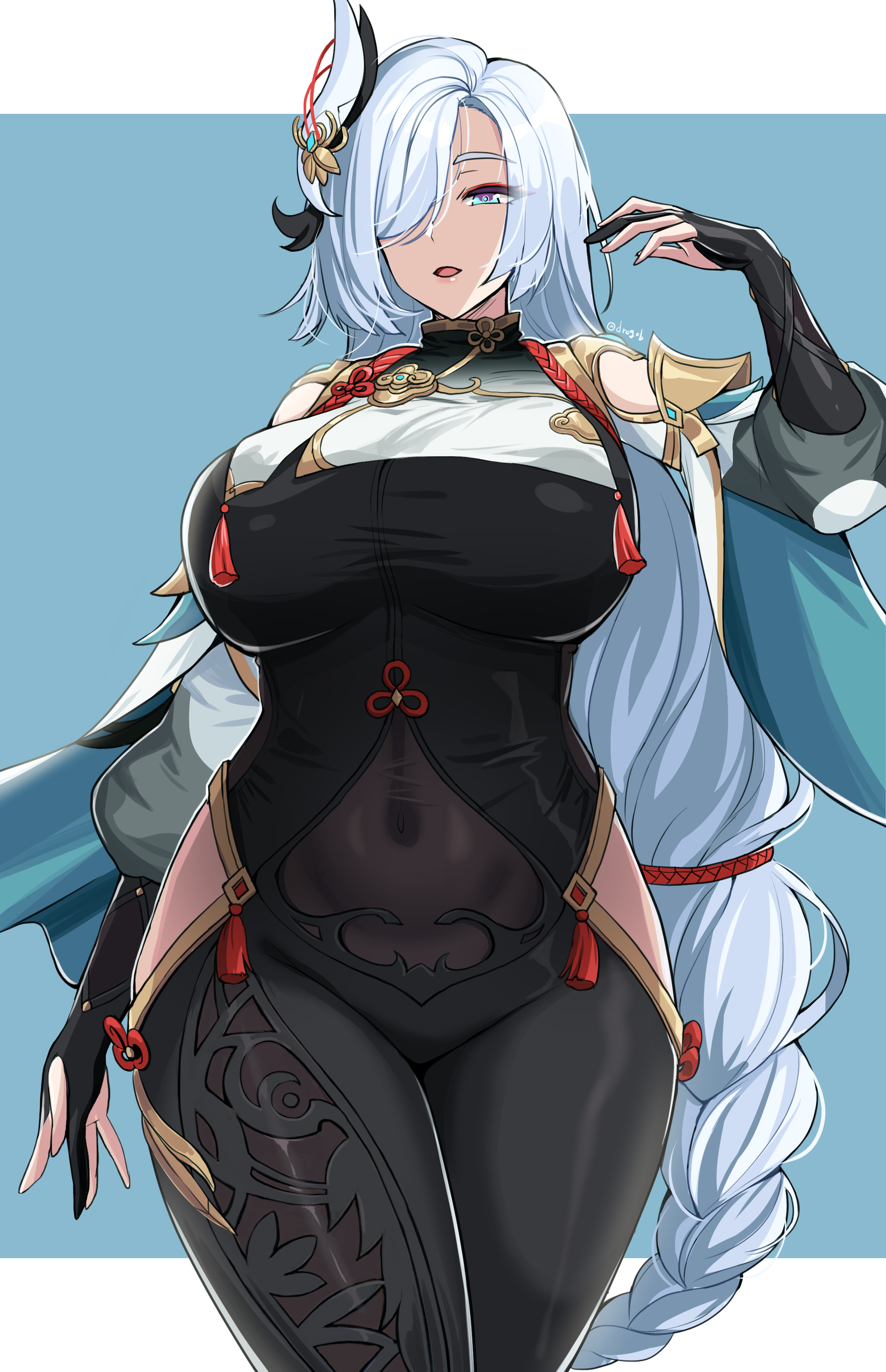 1girls, abs, absurd res, bangs, big breasts, blue background, blue eyes, bodysuit, breasts, child bearing hips, clothed, clothing, drogod (artist), female, genshin impact, hair ornament, hair over one eye, hi res, highres, hips, huge breasts, large breasts, long hair, looking at viewer, looking down, midriff, purple eyes, see-through, see-through clothing, shenhe (genshin impact), simple background, solo, thick thighs, thighs, underboob, white background, white hair, wide hips