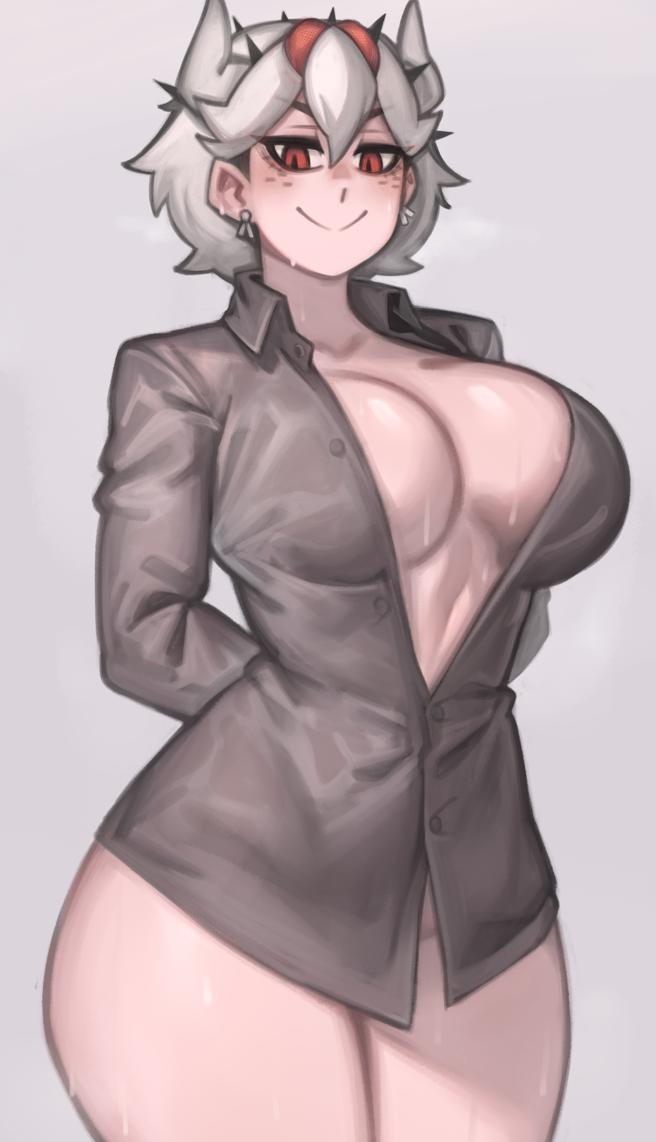 1girls, 2021, beelzebub (helltaker), blush, breasts, demon, demon girl, earrings, female, female only, helltaker, hi res, hips, huge breasts, kelvin hiu, looking at viewer, no pants, no underwear, red eyes, shirt, shirt only, short hair, simple background, slim waist, smile, solo, sweat, sweaty body, thick thighs, thighs, white hair, wide hips