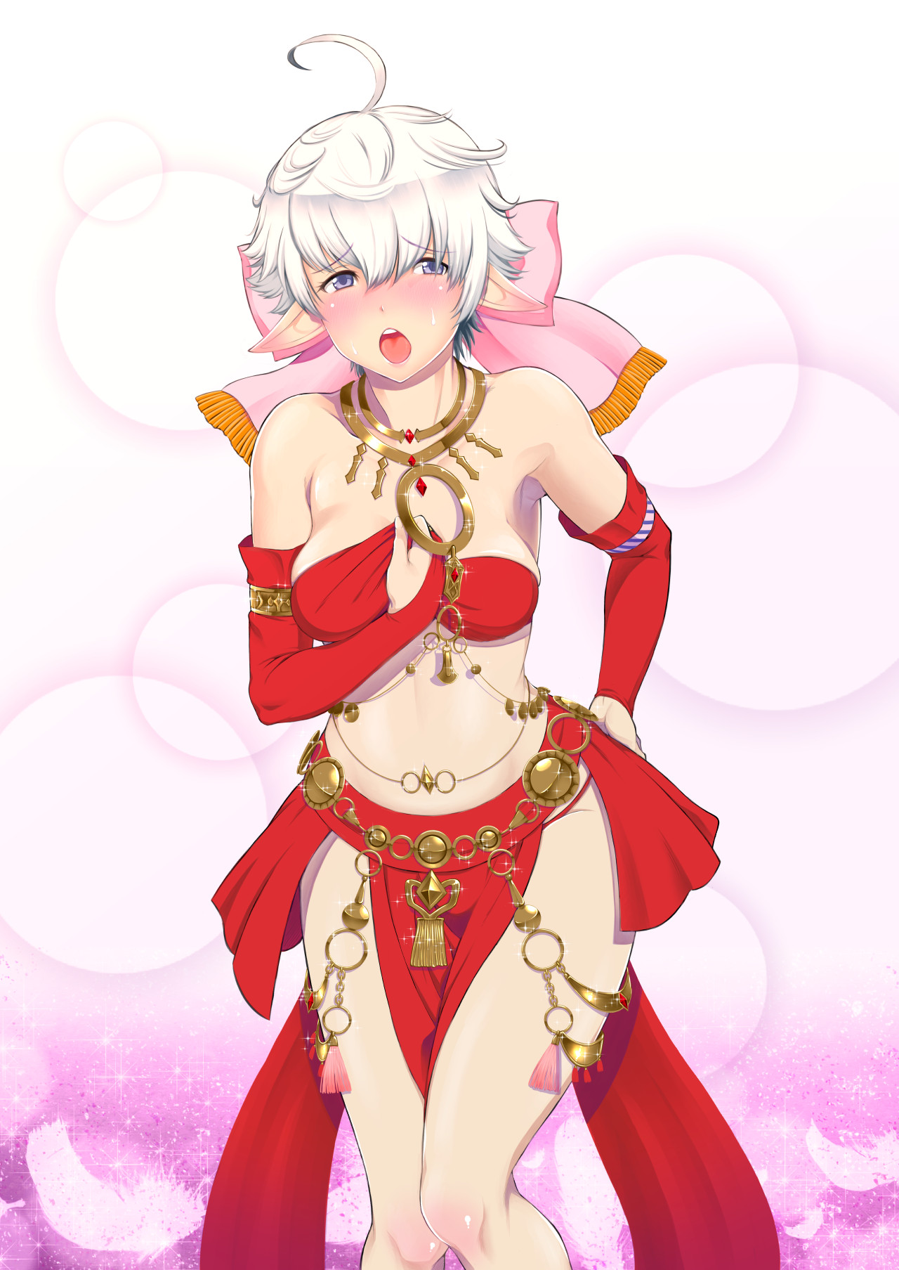 1girls, ahoge, alisaie leveilleur, blue eyes, blush, bra, dancer outfit, elezen, elf, elf ears, elf female, embarrassed, exposed belly, exposed shoulders, exposed thighs, female, female only, final fantasy, final fantasy xiv, gloves, harem outfit, imminent orgasm, light skin, light-skinned female, loincloth, necklace, pelvic curtain, pointy ears, revealing clothes, ribbon, strapless, strapless bra, white hair