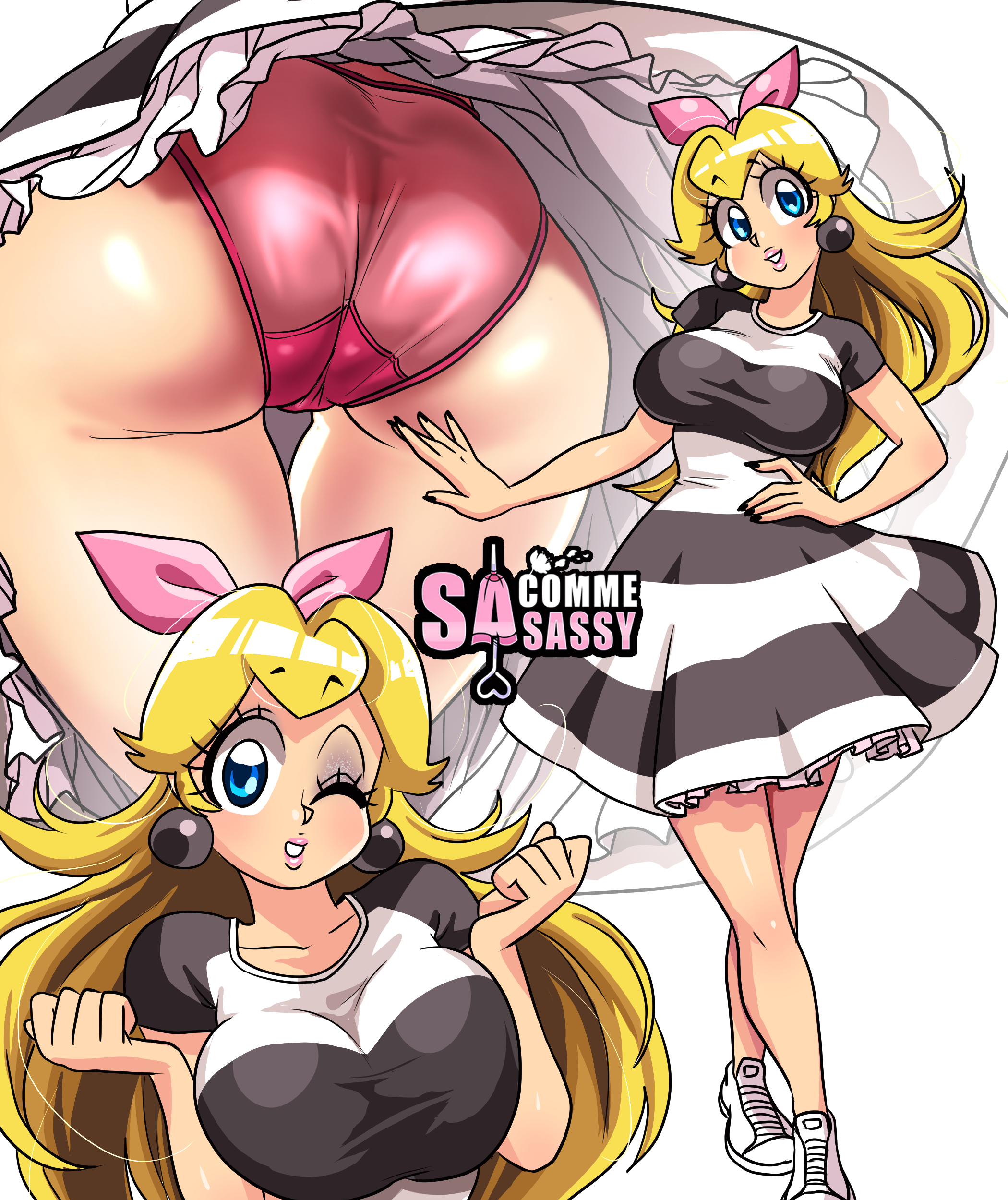 1girls, alternate costume, ass, black eyeshadow, black nails, blonde hair, blue eyes, breast squeeze, breasts, clothed, clothing, dress, earrings, eyeshadow, female, hairband, jewelry, lipstick, long hair, looking at viewer, makeup, mario (series), multiple poses, multiple views, nail polish, nintendo, one eye closed, panties, pink lipstick, pink panties, princess peach, sasatseng, simple background, skirt, solo, standing, tagme, tight clothing, underwear, upskirt, white background, wink