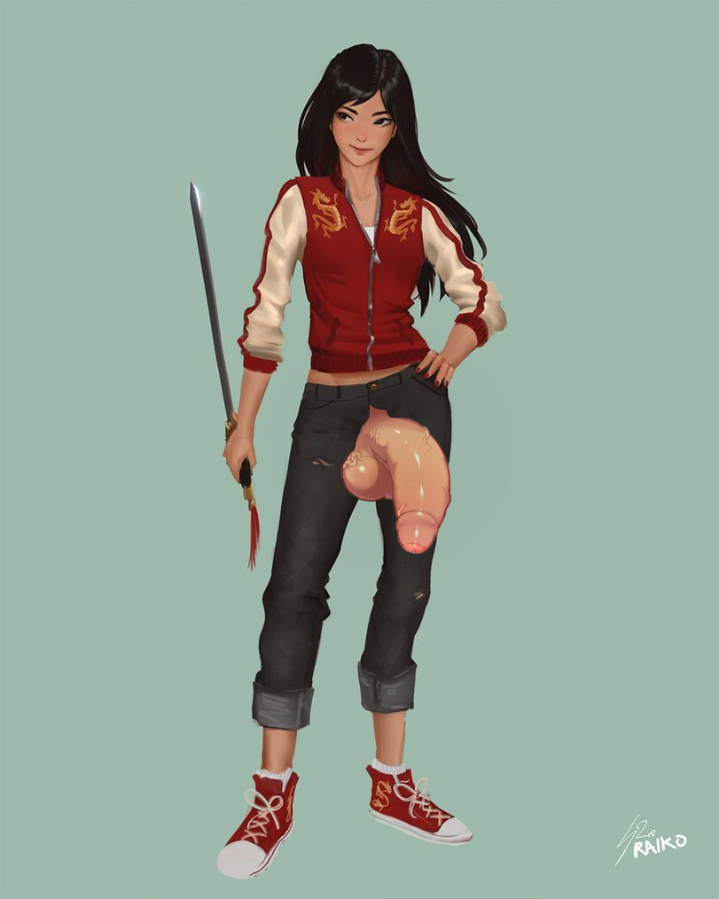 1futa, asian, asian futa, big penis, black hair, black jeans, casual, chinese, disney, disney princess, edit, fa mulan, flaccid, flaccid penis, footwear, futa only, futanari, human, intersex, jeans, long hair, mulan, outerwear, pale skin, penis, penis through fly, raiko, ralph breaks the internet, teenager, weapon