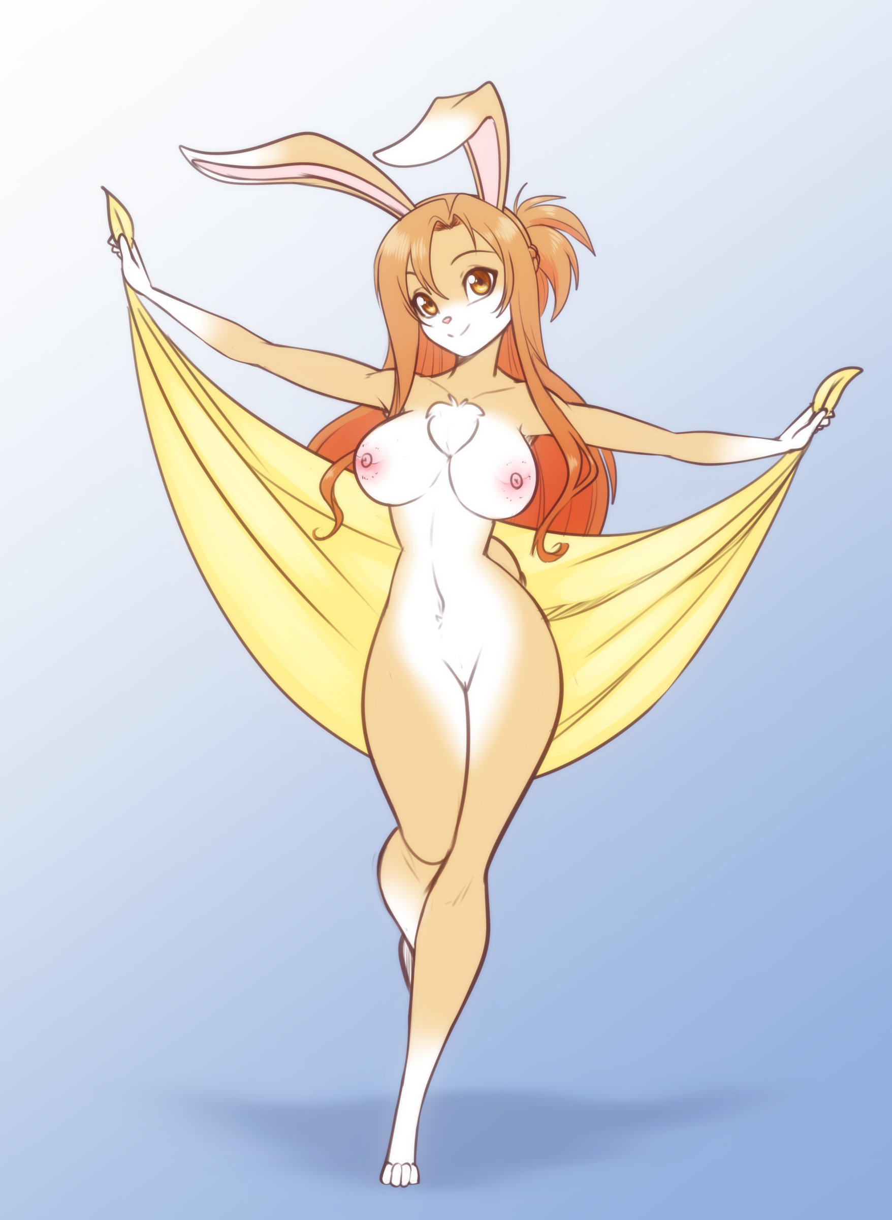 2021, absurd res, amber eyes, anthro, areola, breasts, brown hair, chest tuft, dipstick ears, eyebrows, eyelashes, female, fur, genitals, gloves (marking), hair, hi res, highlights (coloring), lagomorph, leg markings, leporid, long ears, long hair, looking at viewer, mammal, markings, multicolored ears, navel, nipples, nude, orange highlights, pussy, rabbit, scorpdk, smile, socks (marking), solo, sword art online, tan body, tan fur, towel, tuft, white body, white fur, yuuki asuna