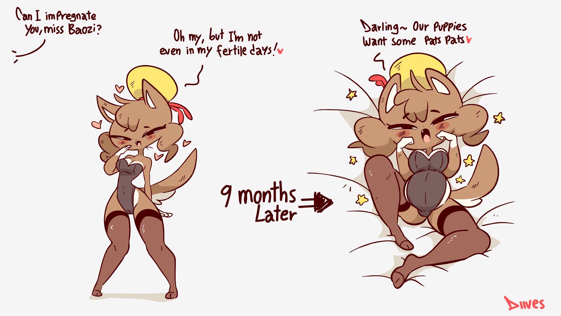 1girls, anthro, ass, baozi (diives), before and after, before and during pregnancy, diives, female, female only, furry, impregnation request, pregnant, solo, text, time skip, xingzuo temple