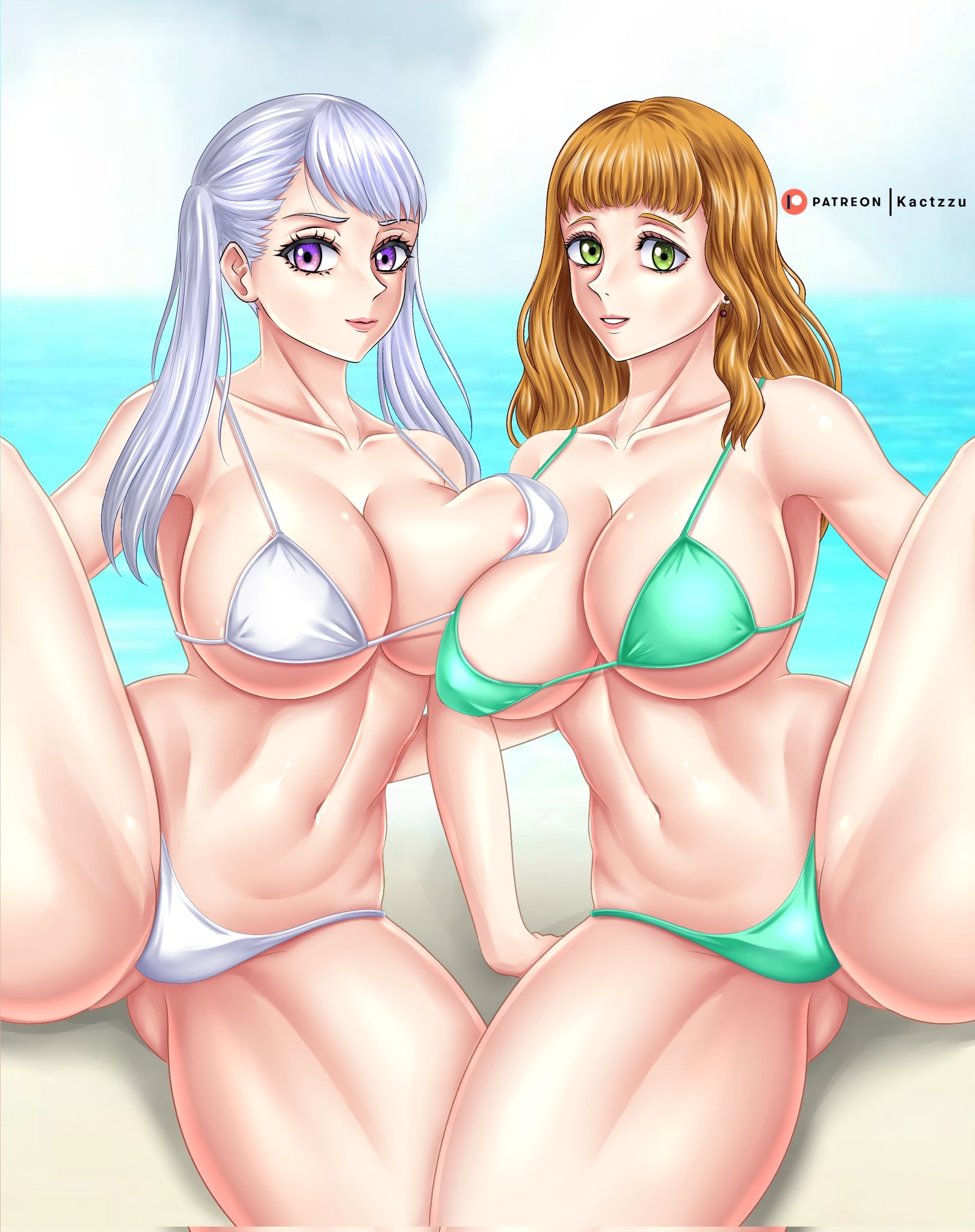 2girls, big breasts, black clover, breasts, female, female only, green bikini, huge breasts, kactzzu, mimosa vermillion, multiple females, multiple girls, noelle silva, white bikini