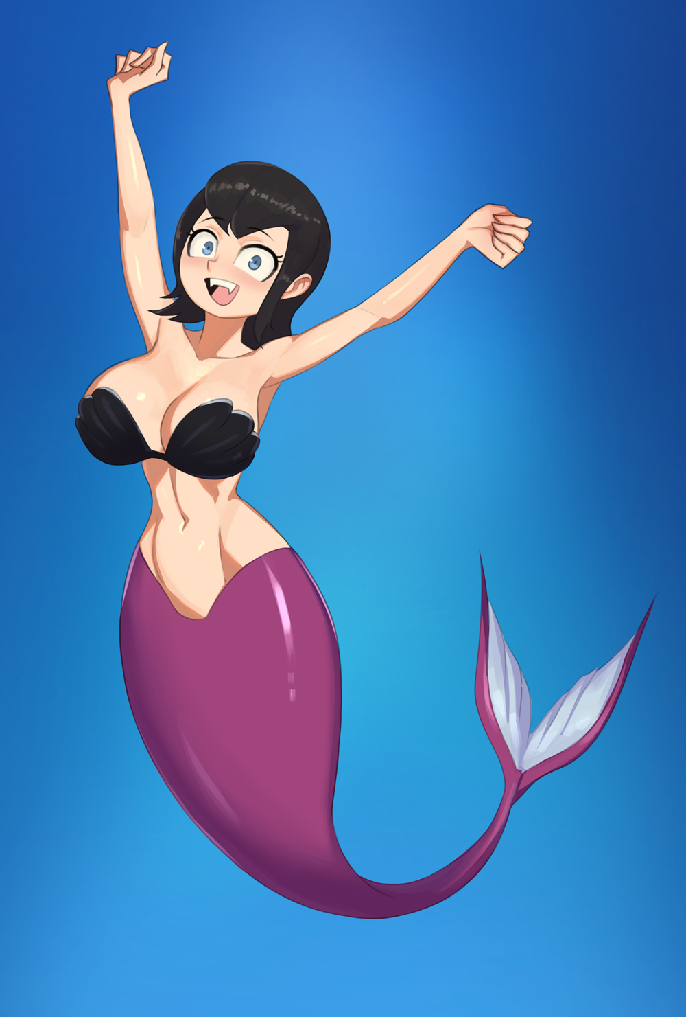 1girls barleyshake big_breasts black_hair bra breasts cleavage commission fangs female female_only goth hair hotel_transylvania jpeg looking_at_viewer mavis_dracula mermaid milf purple_tail seashell_bra solo solo_female tagme vampire