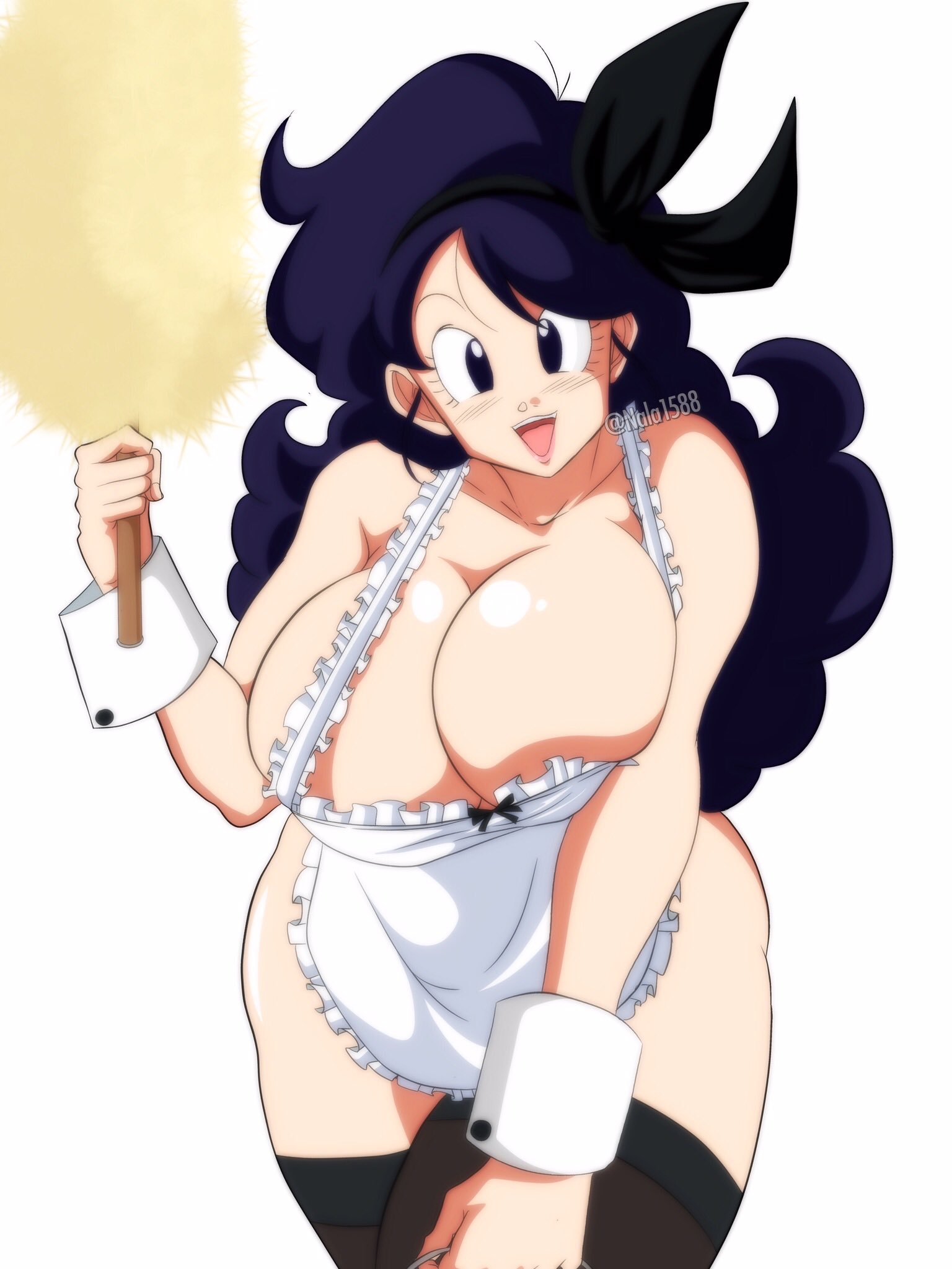 1girls, alternate costume, apron, apron only, bangs, black eyes, blue hair, bow, breasts, colored, cuff links, curly hair, dark blue hair, dragon ball, dragon ball z, duster, female, female only, frilly clothing, good launch, huge breasts, launch, leggings, looking at viewer, lunch (dragon ball), maid, nala1588, ribbon, ribbon in hair, shounen jump, smile, smiling, smiling at viewer, solo, solo female, swept bangs, tagme, thick thighs, thighs