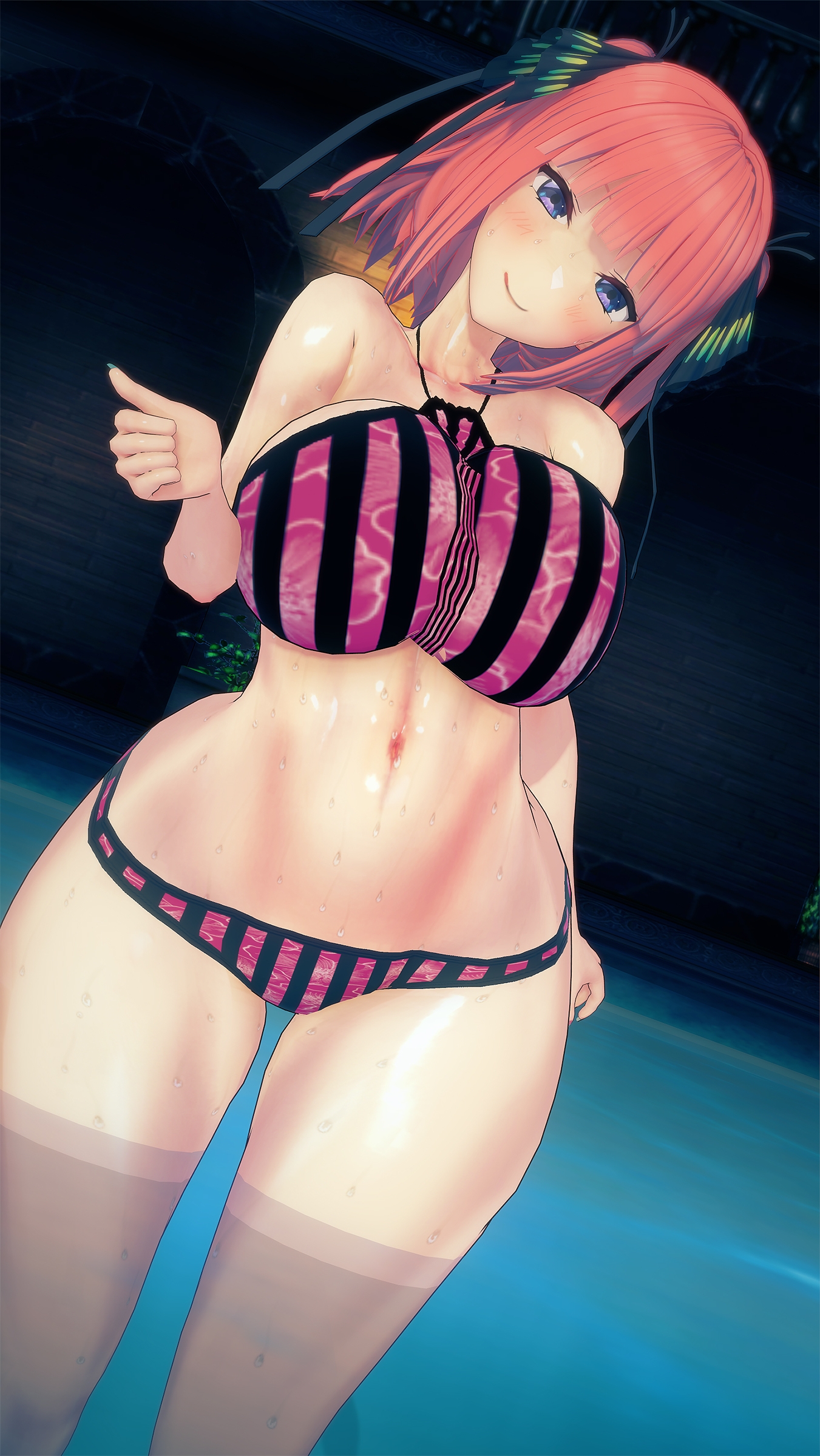 1girls, 3d, big breasts, breasts, busty, cocoron, female, female only, go-toubun no hanayome, koikatsu, large breasts, looking at viewer, nakano nino, purple eyes, solo, swimsuit, thick thighs, thighs, voluptuous, water