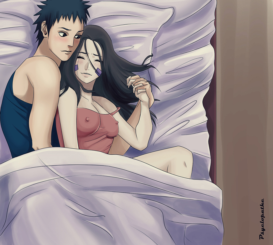 1boy, 1girls, adult, aged up, alternate hair length, alternate hairstyle, bare legs, bare shoulders, bed, black eyes, black hair, blush, breasts, brown hair, cuddling, erect nipples, erect nipples under clothes, facepaint, female, hand holding, implied penetration, implied sex, larger male, long hair, lying, lying on bed, lying on side, makeup, male, naruto, naruto (series), naruto shippuden, nipples, nipples visible through clothing, no bra, nohara rin, older, psyclopathe, romantic, short hair, smaller female, smile, spooning, spread legs, straight, strap slip, tank top, uchiha obito, under covers, visible nipples, wholesome