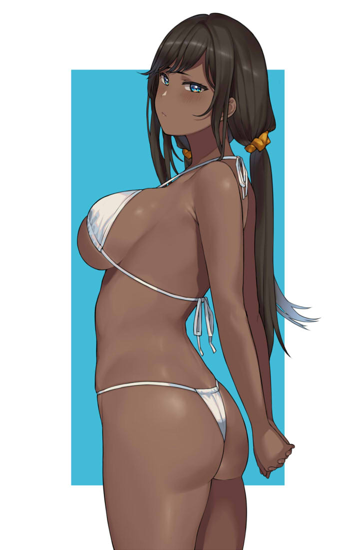 arms_behind_back ass bikini black_hair blue_eyes blush border breasts closed_mouth cowboy_shot dark-skinned_female dark_skin female female from_side hai_ookami hair_ornament hair_scrunchie halterneck large_breasts long_hair looking_at_viewer low_twintails original own_hands_together scrunchie sideboob solo string_bikini swimsuit tan twintails white_bikini white_border