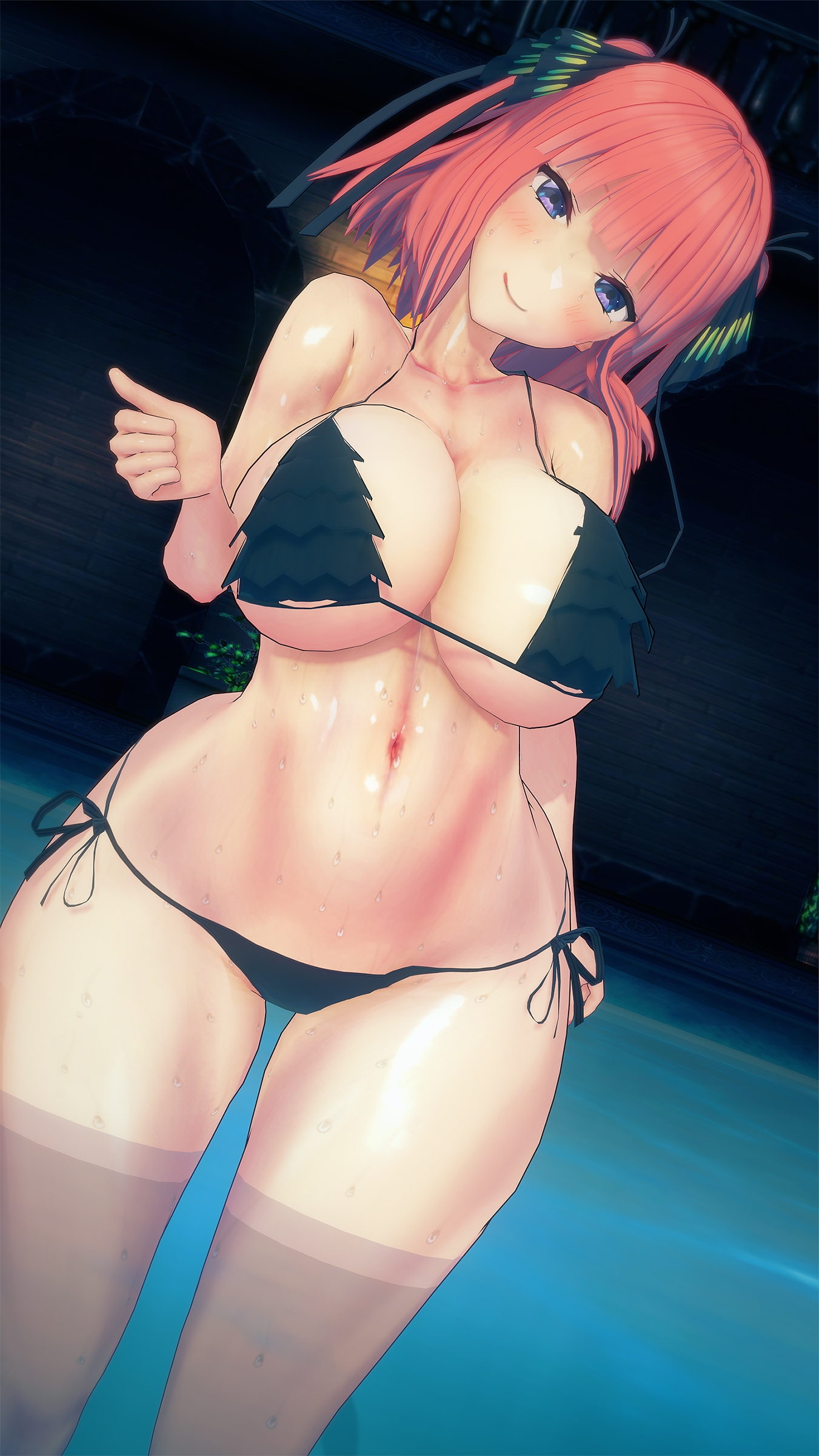 1girls, 3d, big breasts, bikini, black bikini, breasts, busty, cocoron, female, female only, go-toubun no hanayome, koikatsu, large breasts, looking at viewer, nakano nino, purple eyes, solo, swimsuit, thick thighs, thighs, voluptuous, water