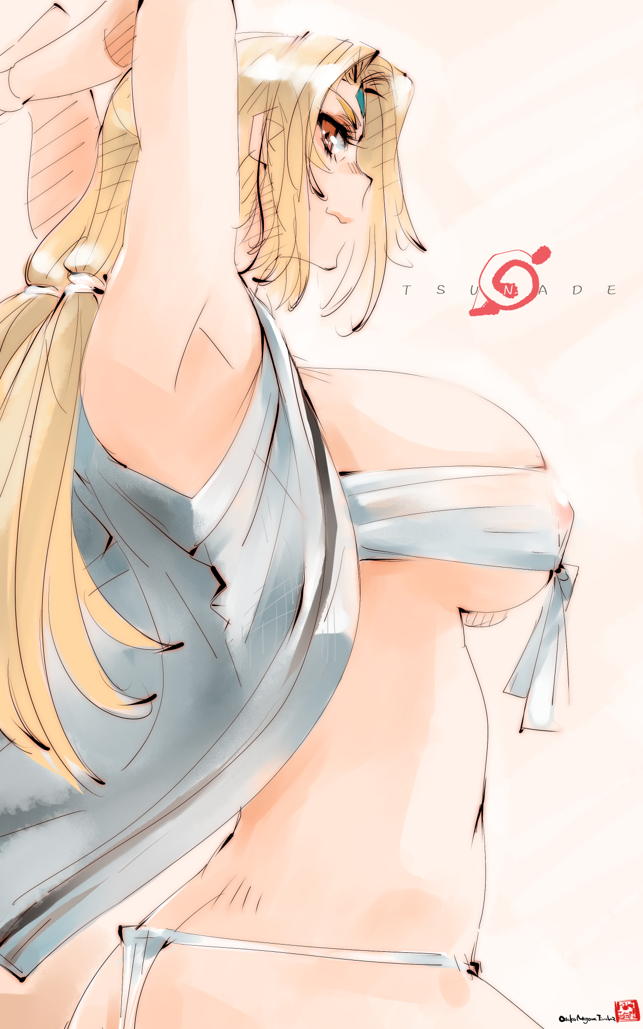1girls, areolae, armpits, arms behind head, arms up, big breasts, blonde hair, boruto: naruto next generations, breasts, brown eyes, busty, erect nipples, erect nipples under clothes, female, female only, forehead jewel, forehead mark, g-string, human, large areolae, large breasts, light skin, light-skinned female, mature, mature female, mike156, milf, naruto, naruto (classic), naruto (series), naruto shippuden, nipple bulge, nipples, open clothes, open shirt, pale skin, pale-skinned female, panties, pinup, pose, posing, shounen jump, solo, standing, thong, tied hair, tsunade, twintails, white panties, white thong, yellow hair