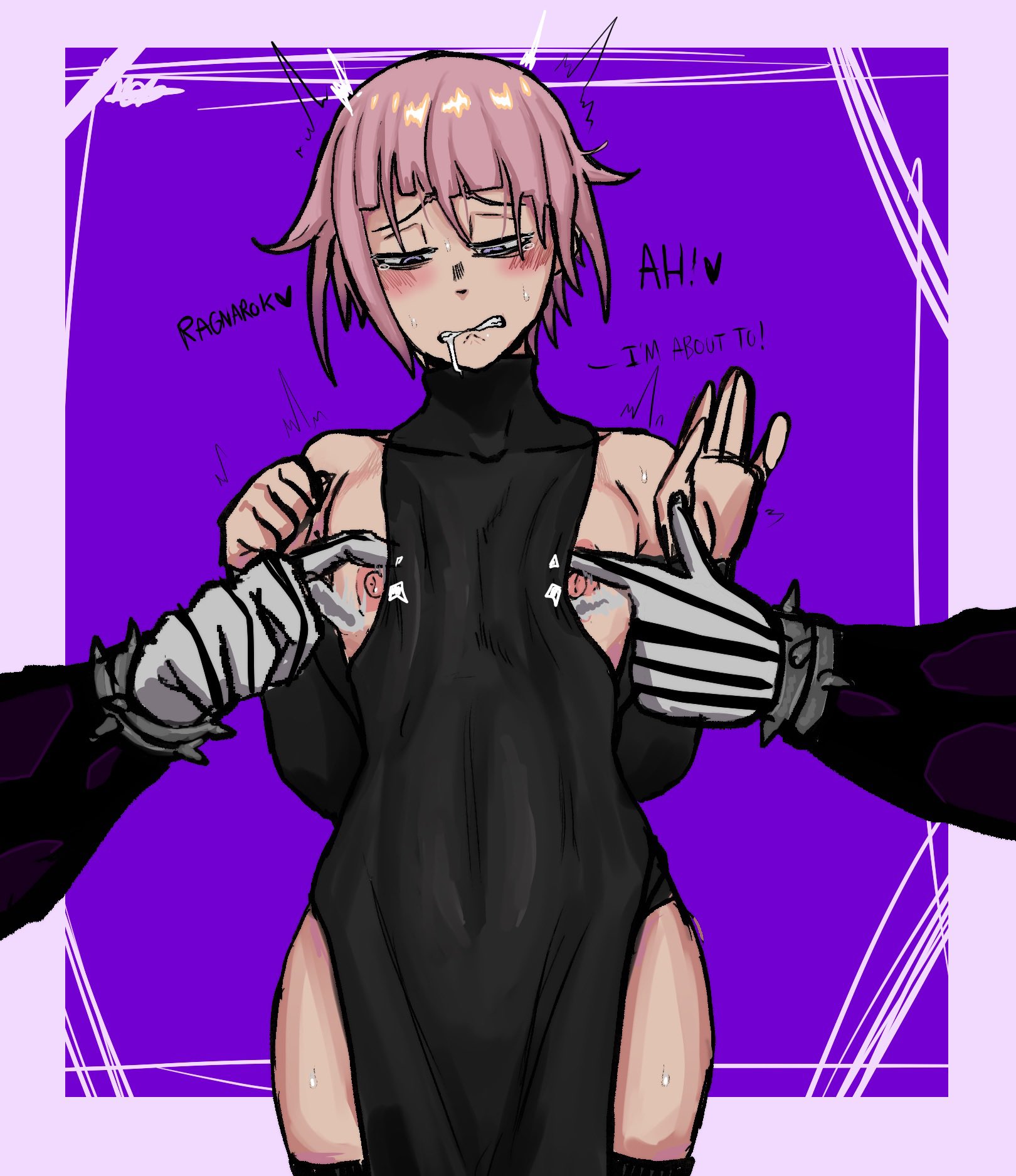 blush, blushing, crona (soul eater), crossdressing, femboy, girly, heart, male, mobi mobi, nipple pinch, nipple play, nipples, pale skin, pink hair, ragnarok (soul eater), short hair, soul eater, toned, toned belly, toned body
