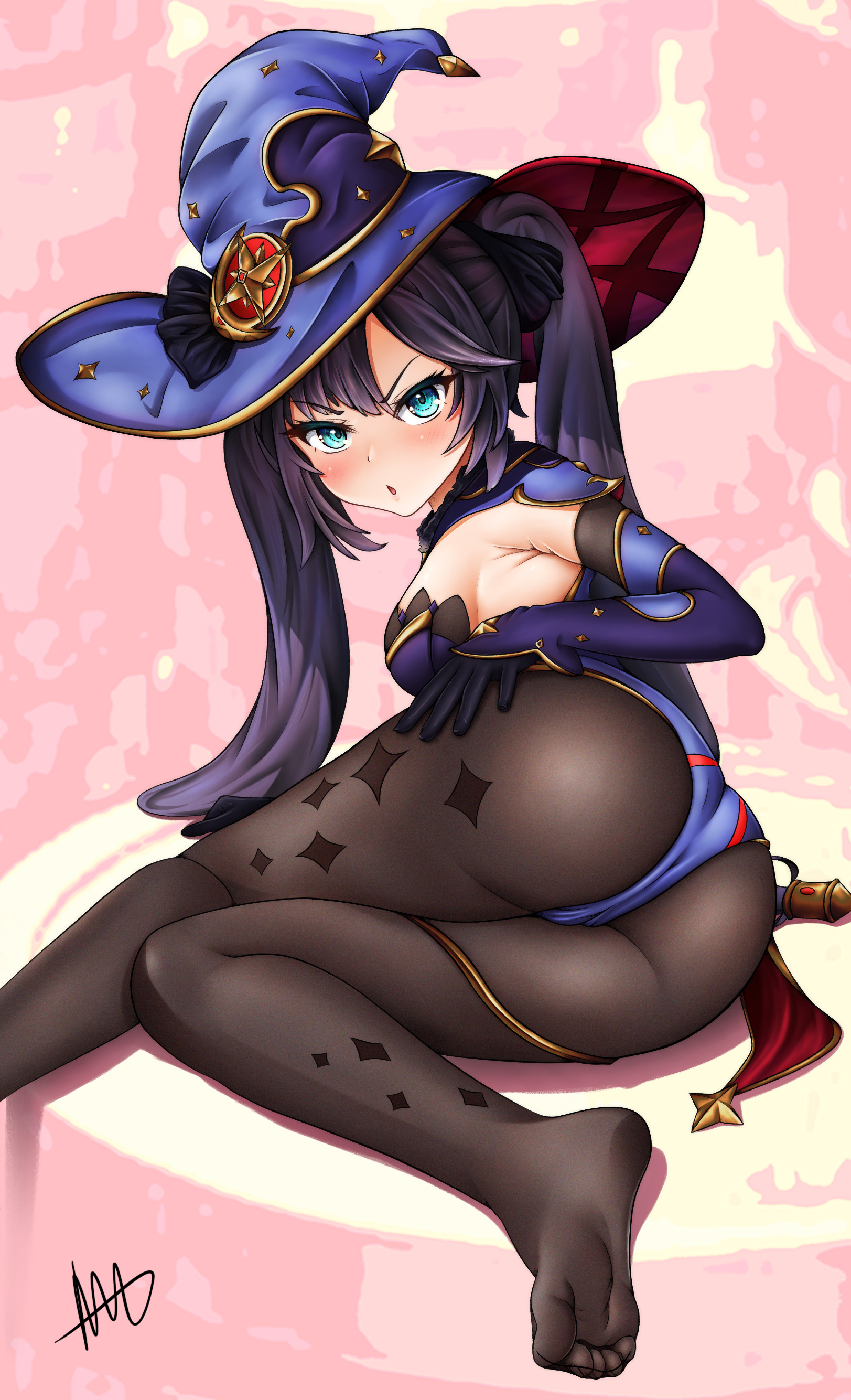 1girls, angry, artist request, ass, blush, breasts, cameltoe, cape, detached sleeves, elbow gloves, female, genshin impact, gloves, green eyes, hair ornament, hair ribbon, hat, hi res, highres, leotard, long hair, looking at viewer, medium breasts, mona (genshin impact), no shoes, open mouth, pantyhose, purple hair, pussy, ribbon, shiny, shiny clothes, shiny hair, sideboob, sitting, solo, thick thighs, thighlet, thighs, twintails, very long hair, yokozuwari