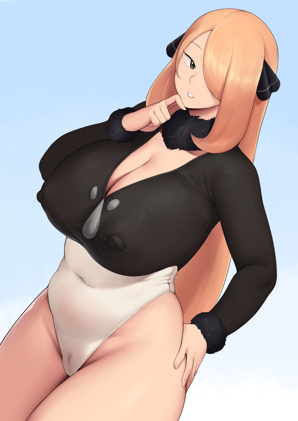 1girls, absurd res, belly button, big breasts, blonde hair, blue background, bodysuit, breasts, cleavage, cynthia (pokemon), female, grey eyes, hair ornament, hair over one eye, hairy, hairy pussy, hand on hip, hi res, highres, hip grab, hips, huge breasts, large breasts, leotard, long hair, looking at viewer, moebell, nipple bulge, nipples visible through clothing, plain background, pokemon, pubic hair, pussy, pussy lips, simple background, solo, thick, thick thighs, thighs, tight clothing, waist, wide hips