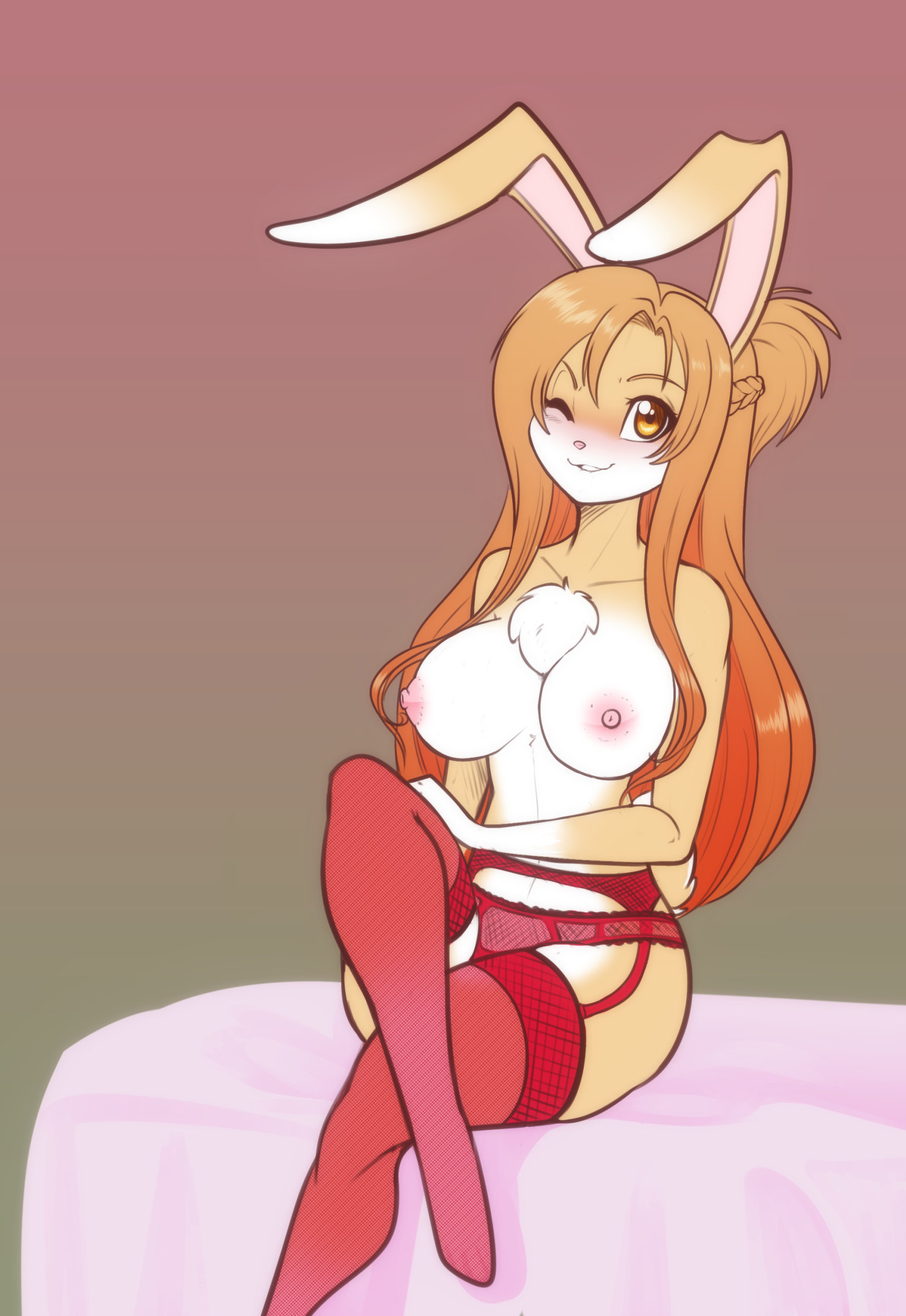 2021, absurd res, alternate species, amber eyes, anthro, areola, bite, biting lip, blush, breasts, chest tuft, clothing, dipstick ears, eyebrows, eyelashes, female, fur, garter belt, garter straps, gloves (marking), hair, hi res, highlights (coloring), lagomorph, legwear, leporid, long ears, long hair, looking at viewer, mammal, markings, multicolored ears, nipples, one eye closed, orange highlights, panties, rabbit, red clothing, red legwear, red panties, red stockings, red underwear, scorpdk, sitting, smile, smiling at viewer, solo, stockings, sword art online, tan body, tan fur, tuft, underwear, white body, white fur, wink, yuuki asuna