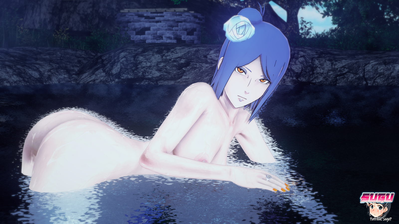3d, akatsuki (naruto), arched back, ass, big ass, blue hair, breasts, chin piercing, colored nails, completely nude, female, female only, flower, flower in hair, hair ornament, koikatsu, konan, looking at viewer, nail polish, naked, naruto, naruto (series), naruto shippuden, night, nipples, nude, orange eyes, outdoors, partially submerged, piercing, ring, side view, solo, solo focus, sugu (artist), water