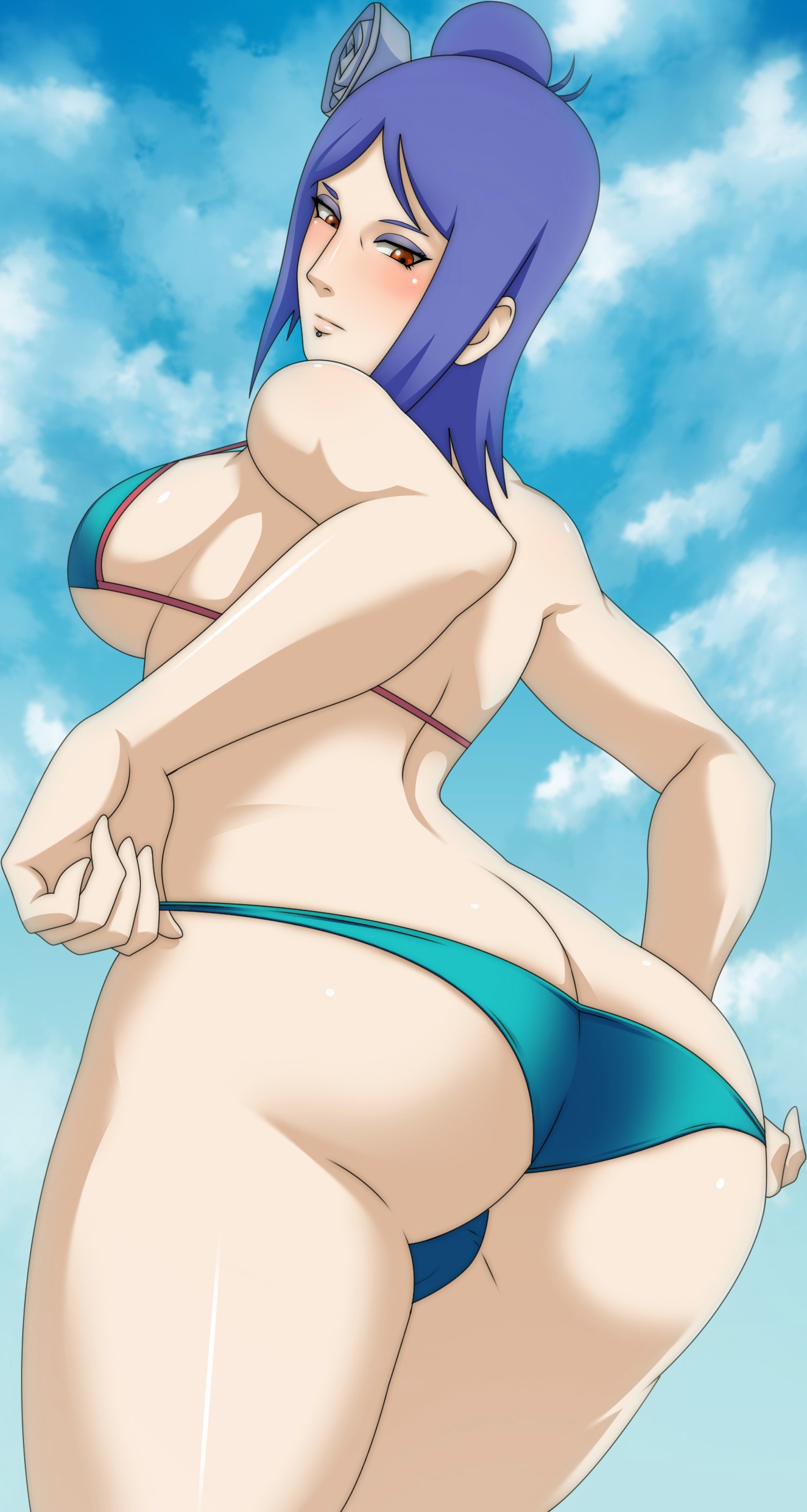 1girls, absurdres, artist request, ass, ass cleavage, ass crack, bare shoulders, bikini, blue hair, blush, breasts, butt crack, female, flower, from behind, from below, hair bun, hair flower, hair ornament, highres, huge ass, konan, large breasts, looking at viewer, looking down, naruto, naruto (series), naruto shippuden, orange eyes, shiny, shiny hair, shiny skin, short hair, sideboob, single hair bun, smile, solo, swimsuit, underboob