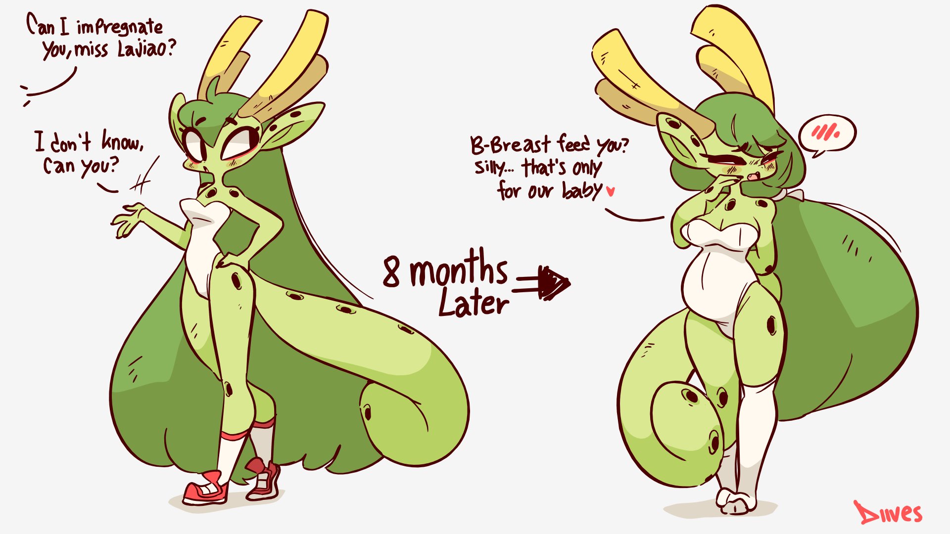 1girls, anthro, ass, before and after, before and during pregnancy, diives, female, female only, furry, impregnation request, lajiao (xingzuo temple), pregnant, solo, text, time skip, xingzuo temple